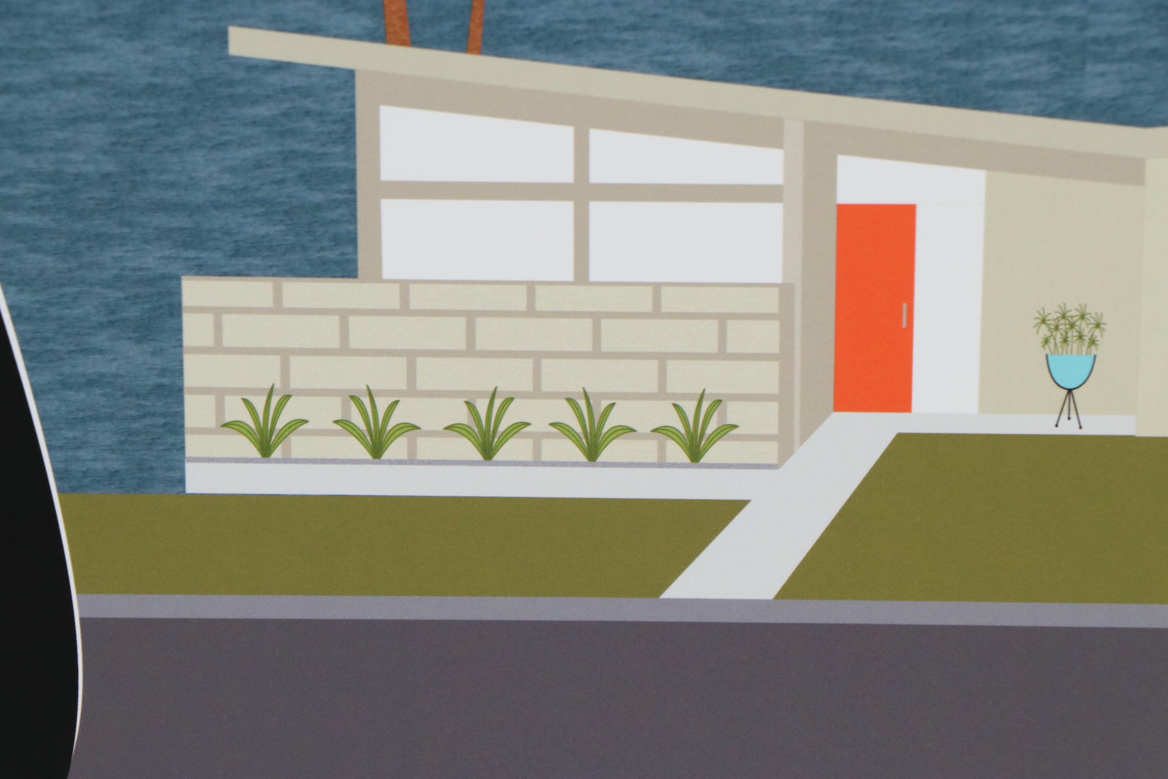 Donna Mibus Giclée "Black Cat Admires Palm Springs Mid Century House"