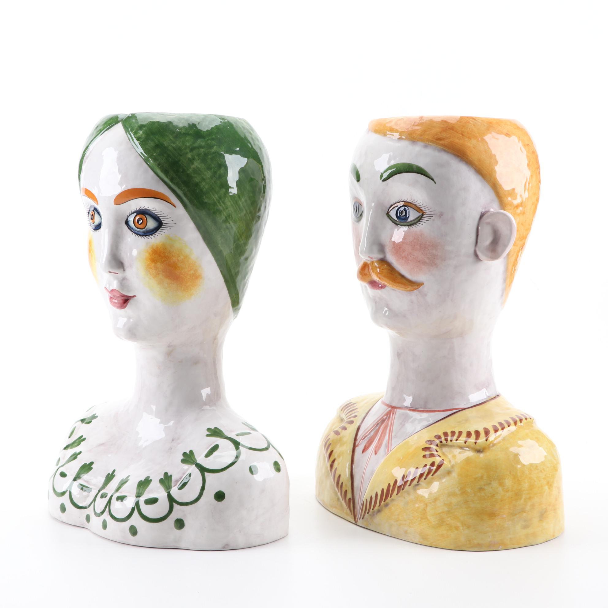 Horchow Collection Italian Hand-Painted Ceramic Head Planters