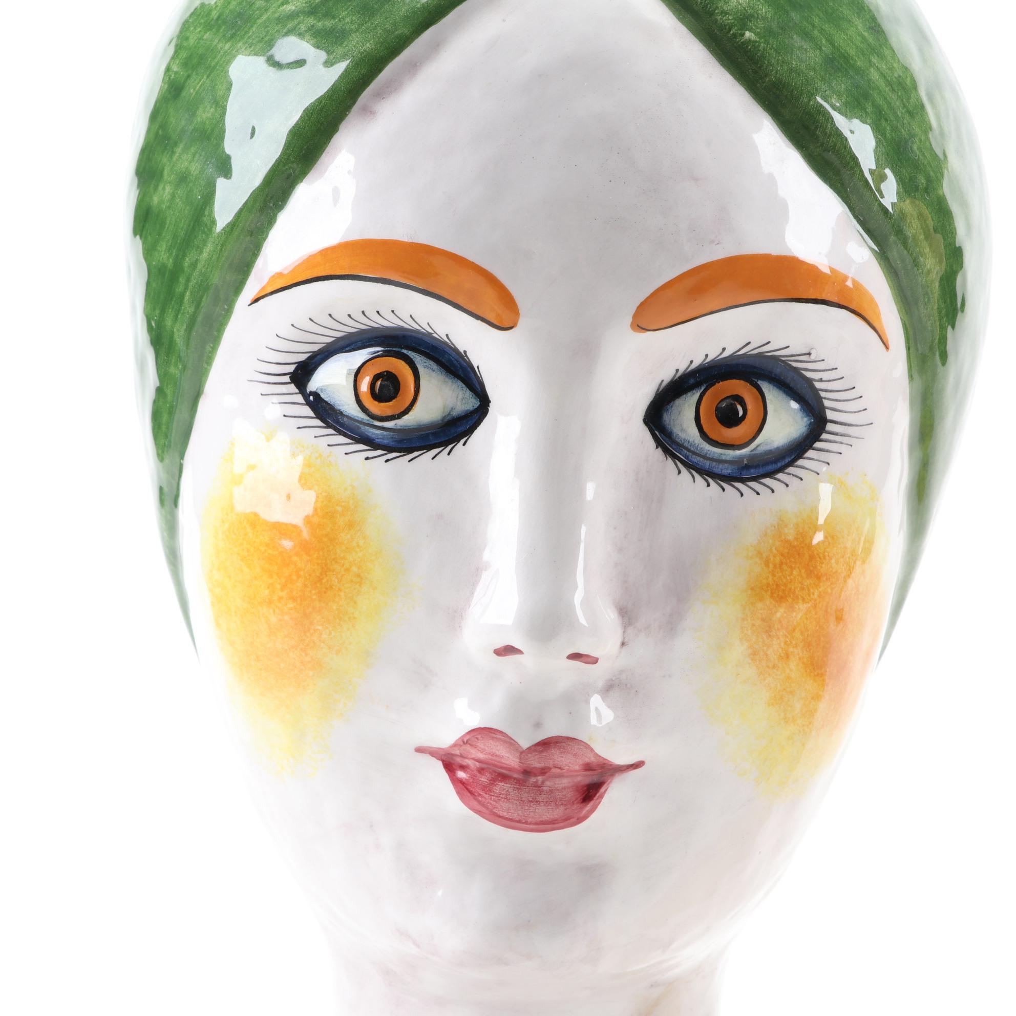 Horchow Collection Italian Hand-Painted Ceramic Head Planters