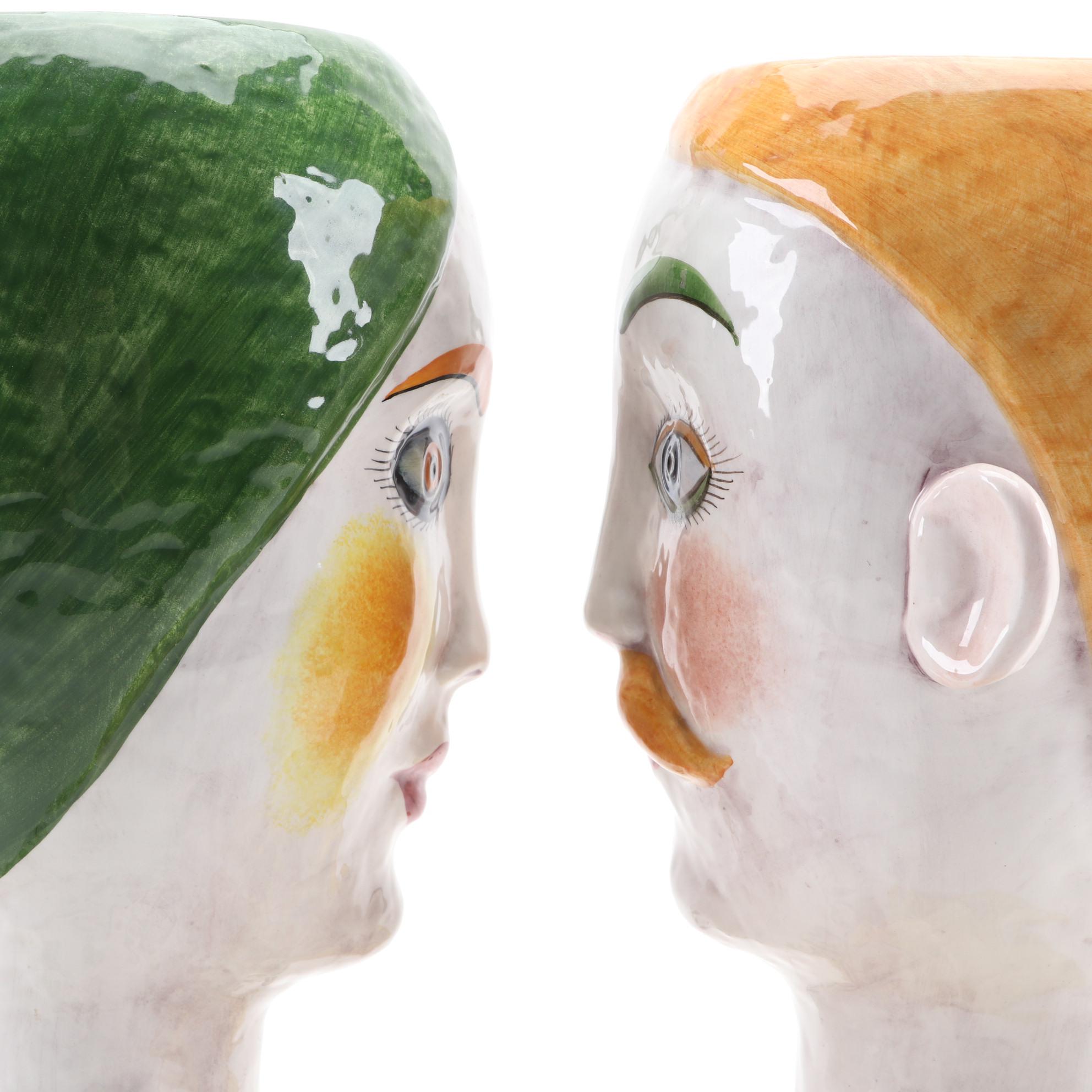 Horchow Collection Italian Hand-Painted Ceramic Head Planters