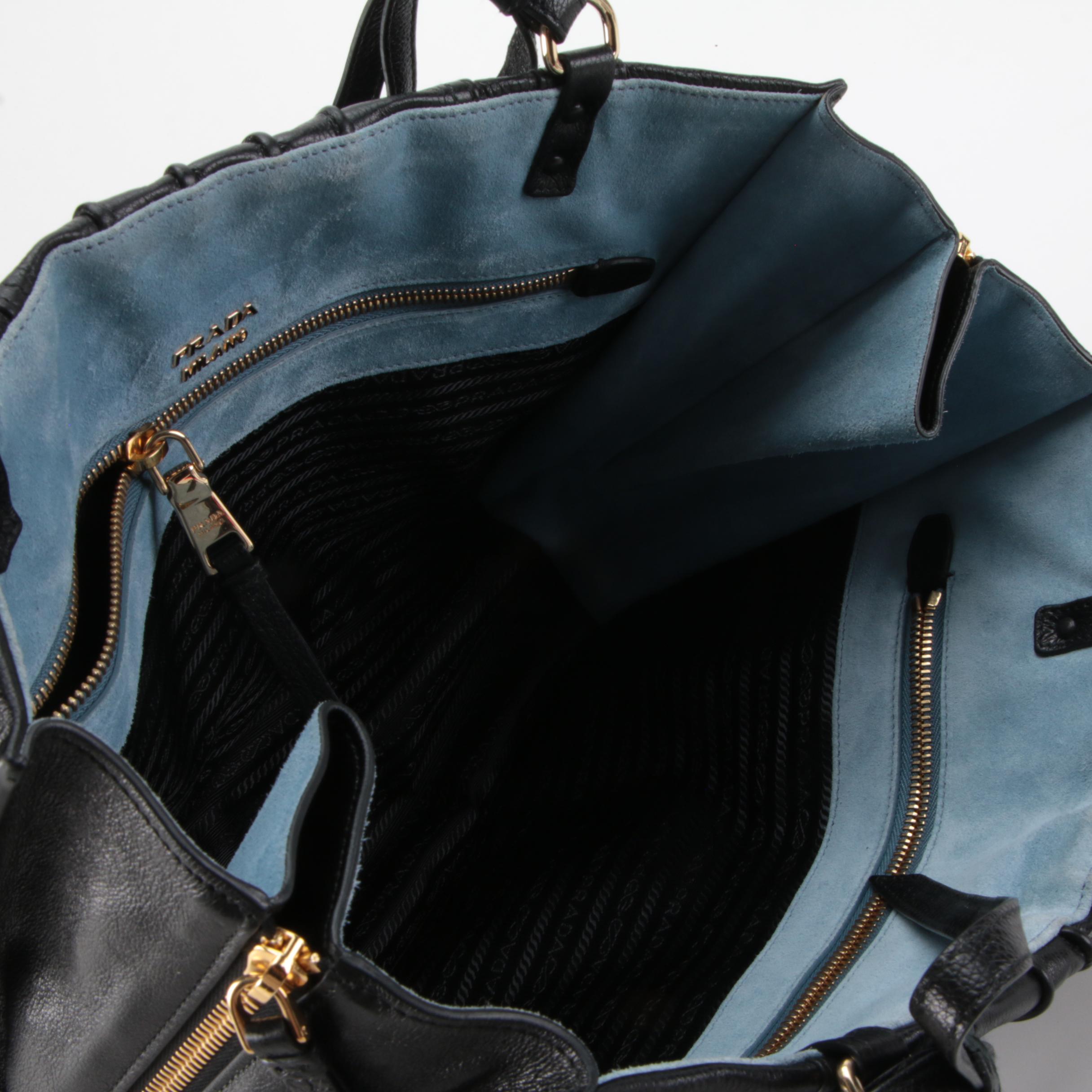 Prada Etiquette Patch Tote in Black Leather with Light Blue Suede