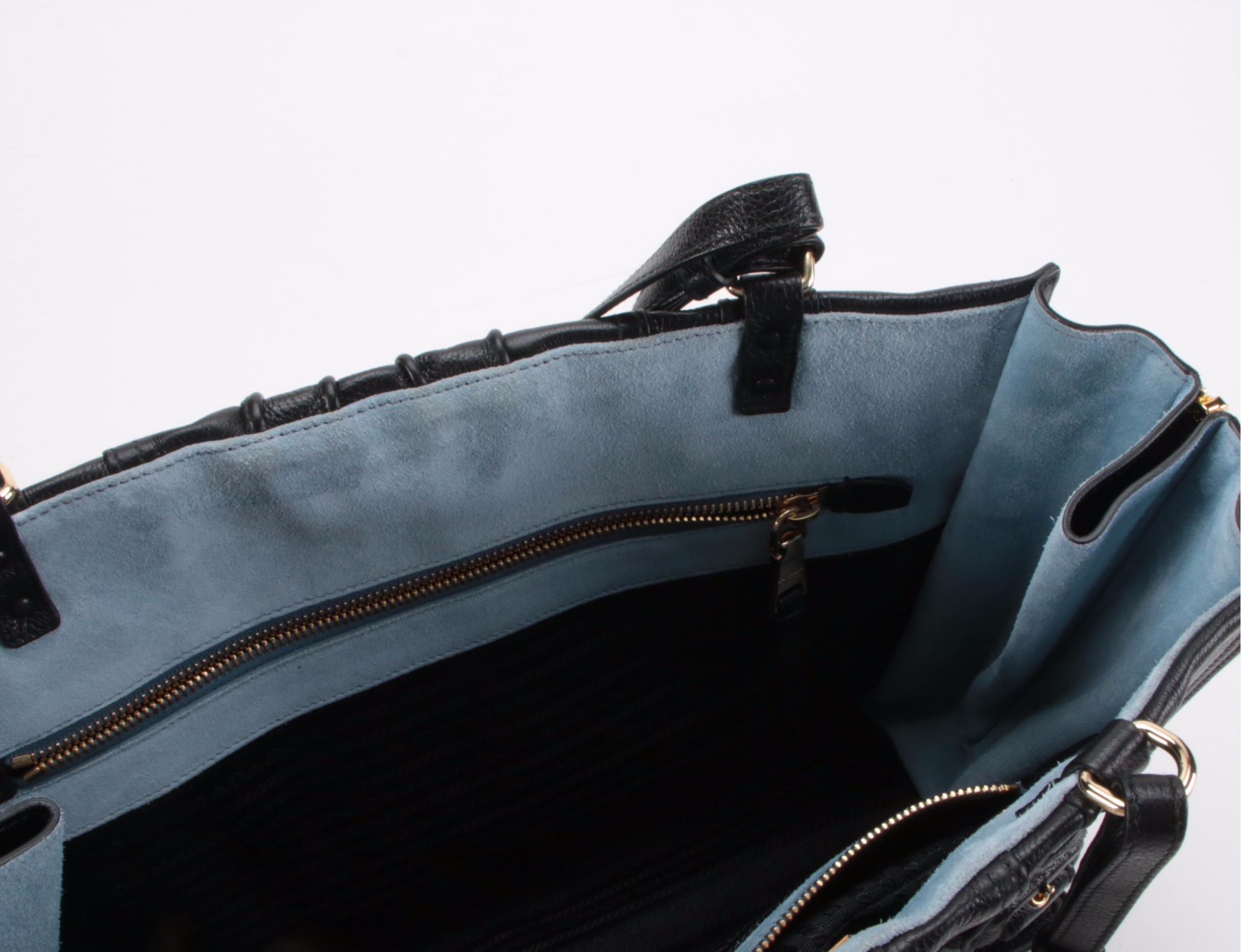 Prada Etiquette Patch Tote in Black Leather with Light Blue Suede