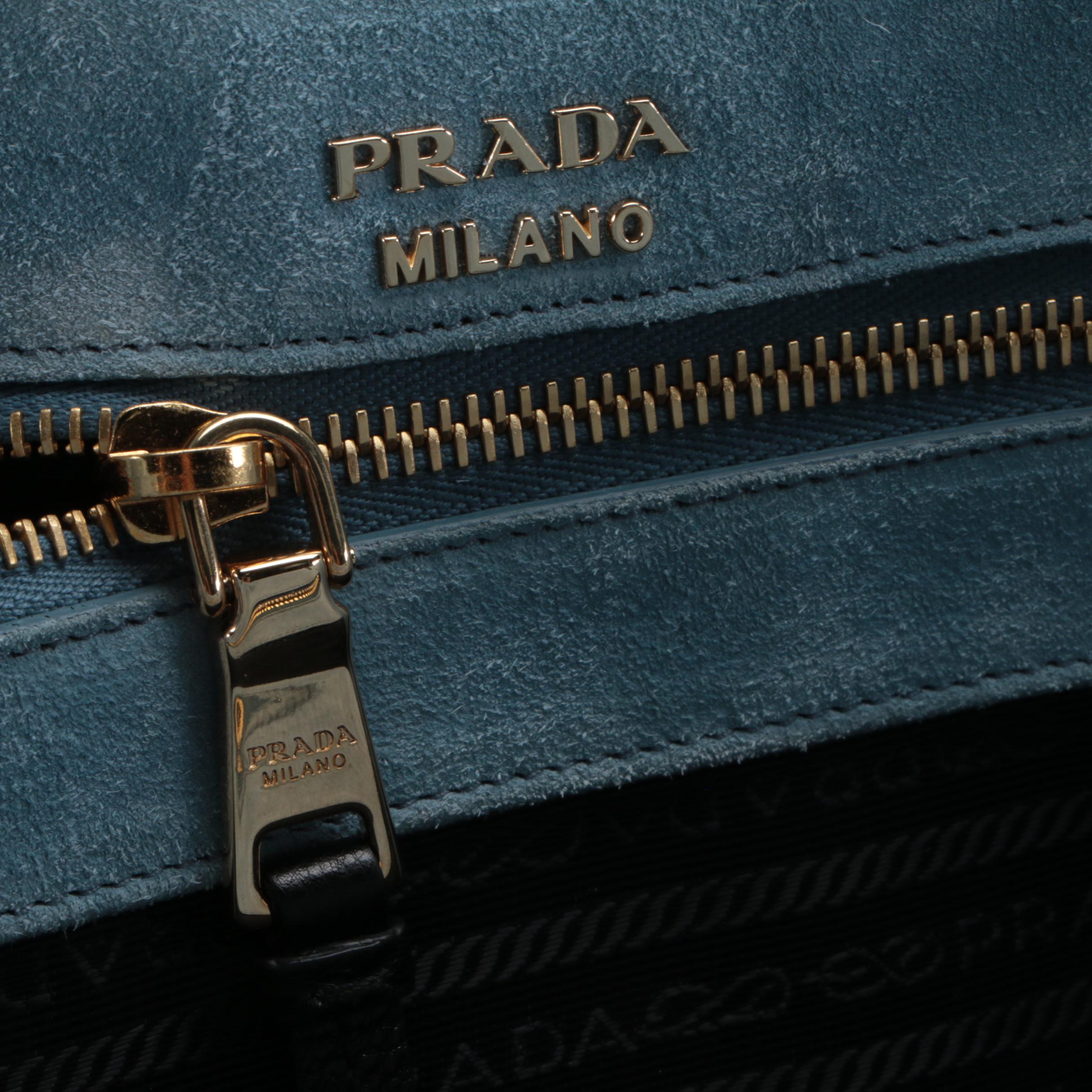 Prada Etiquette Patch Tote in Black Leather with Light Blue Suede
