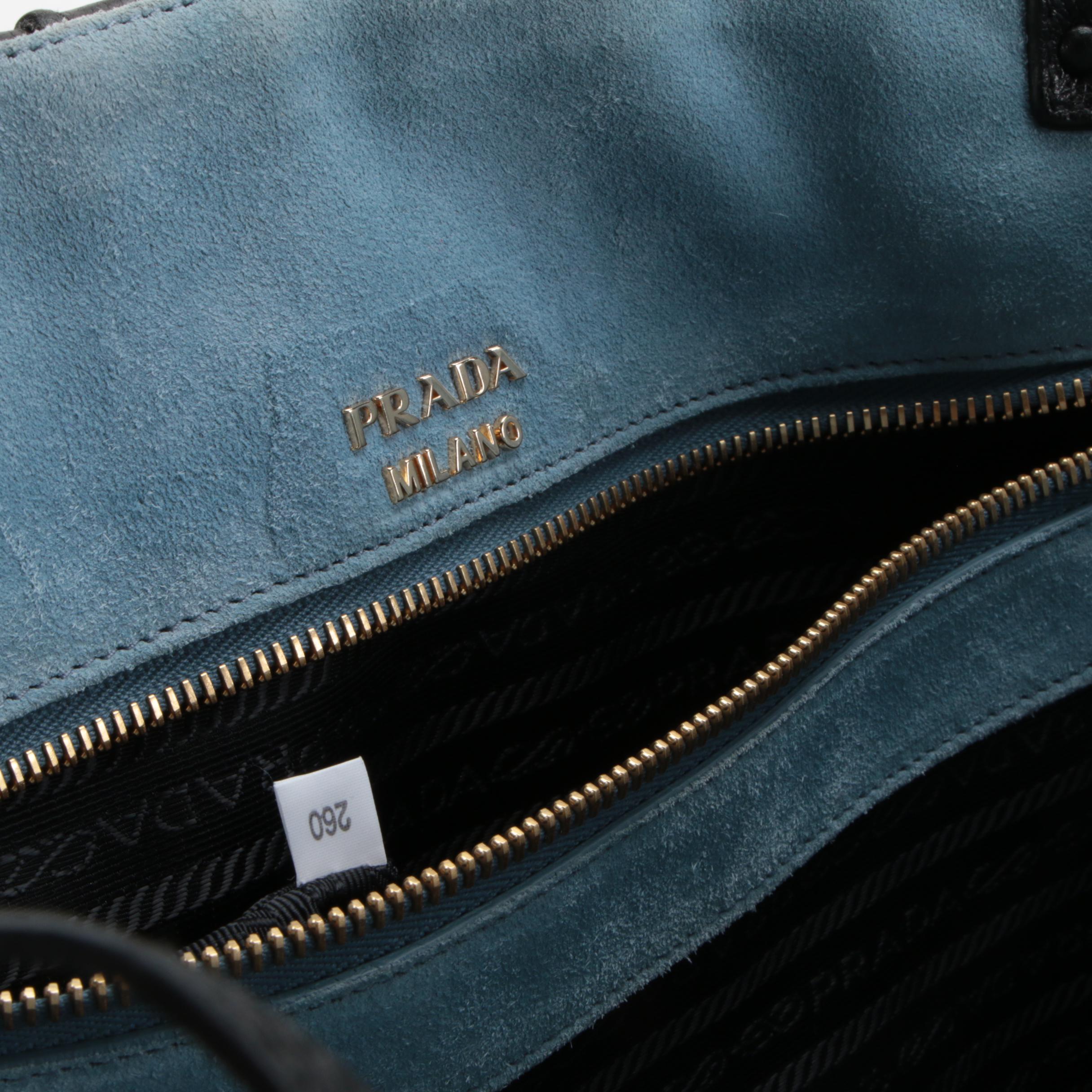 Prada Etiquette Patch Tote in Black Leather with Light Blue Suede