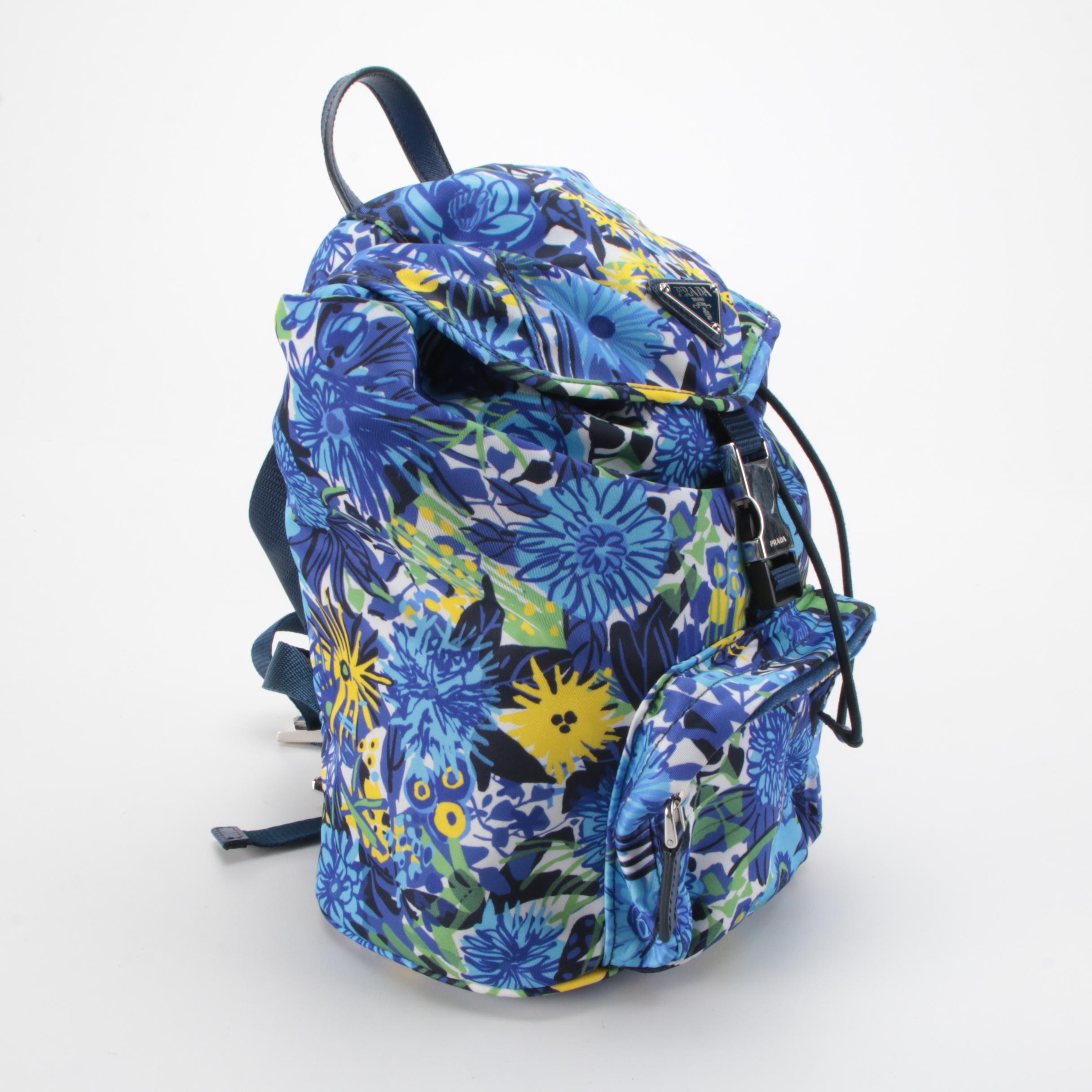 Prada Floral Print Tessuto Nylon Backpack with Blue Saffiano Leather