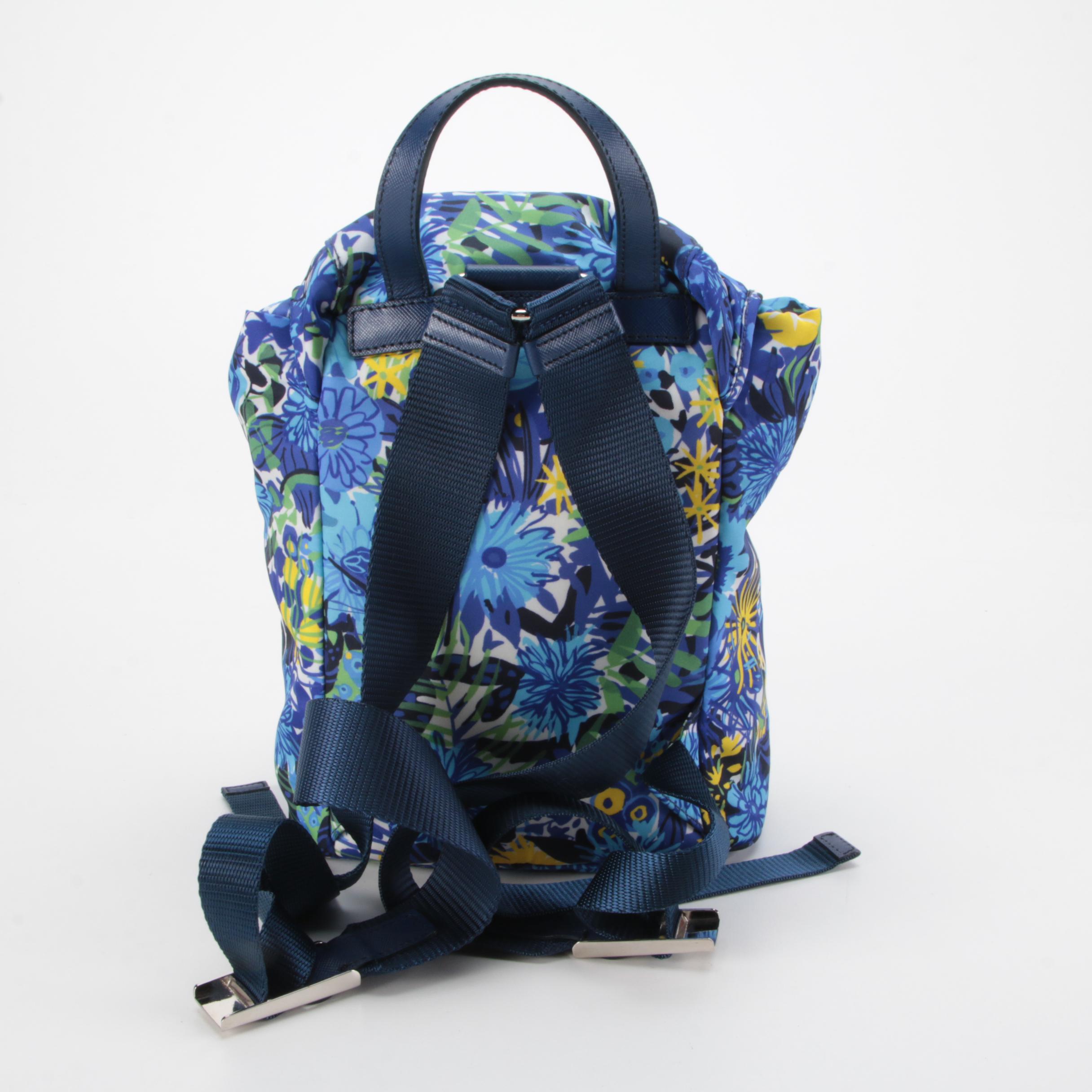 Prada Floral Print Tessuto Nylon Backpack with Blue Saffiano Leather