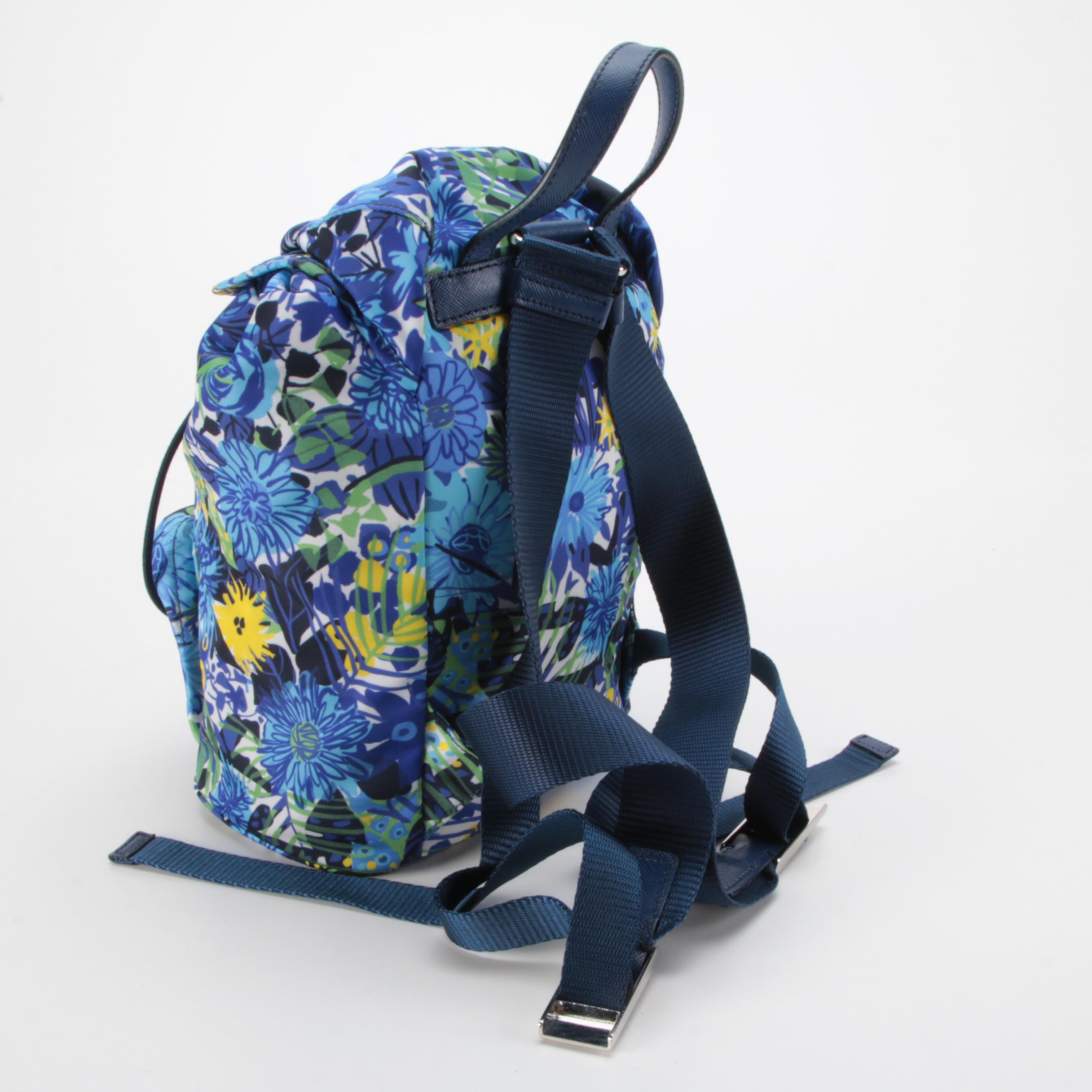 Prada Floral Print Tessuto Nylon Backpack with Blue Saffiano Leather