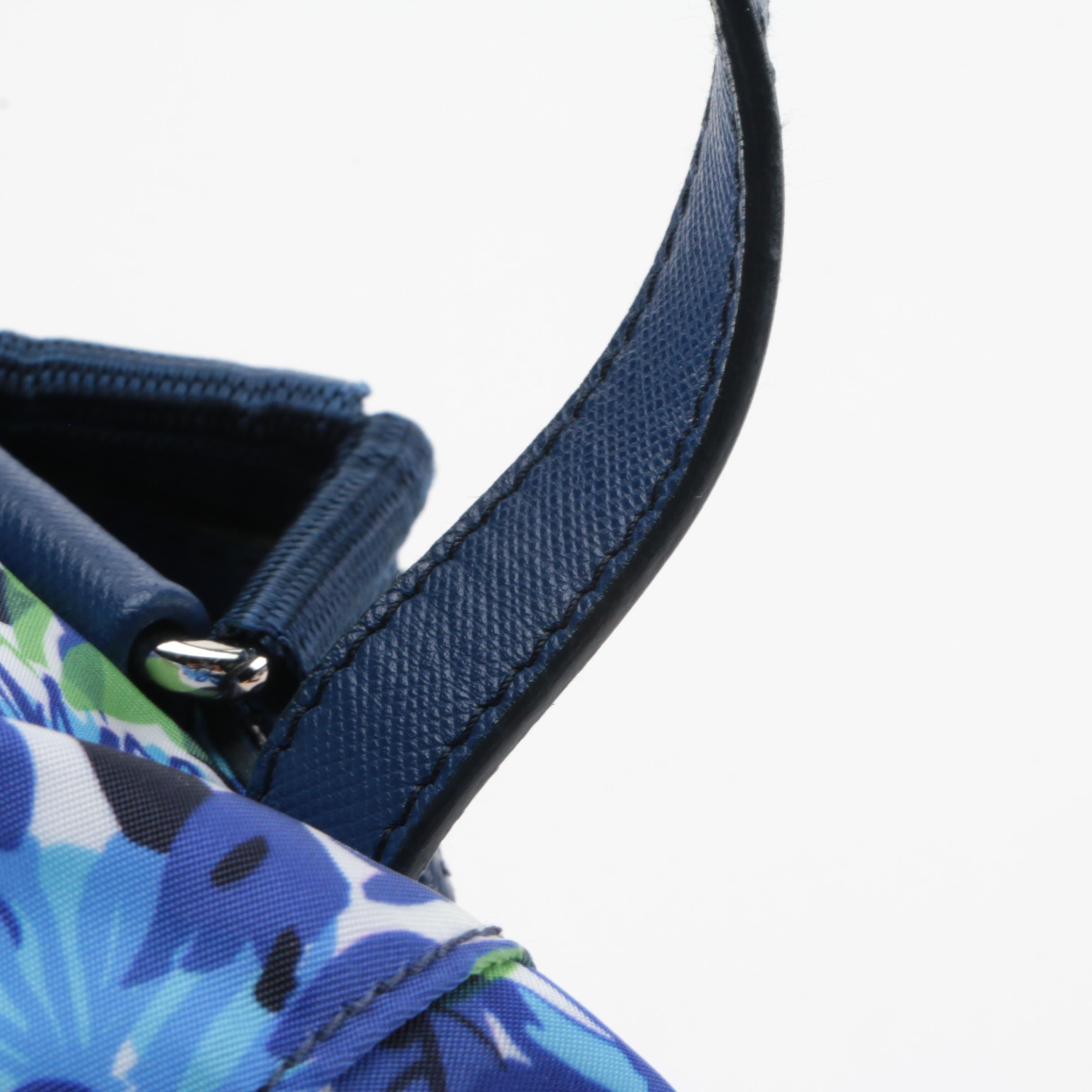 Prada Floral Print Tessuto Nylon Backpack with Blue Saffiano Leather