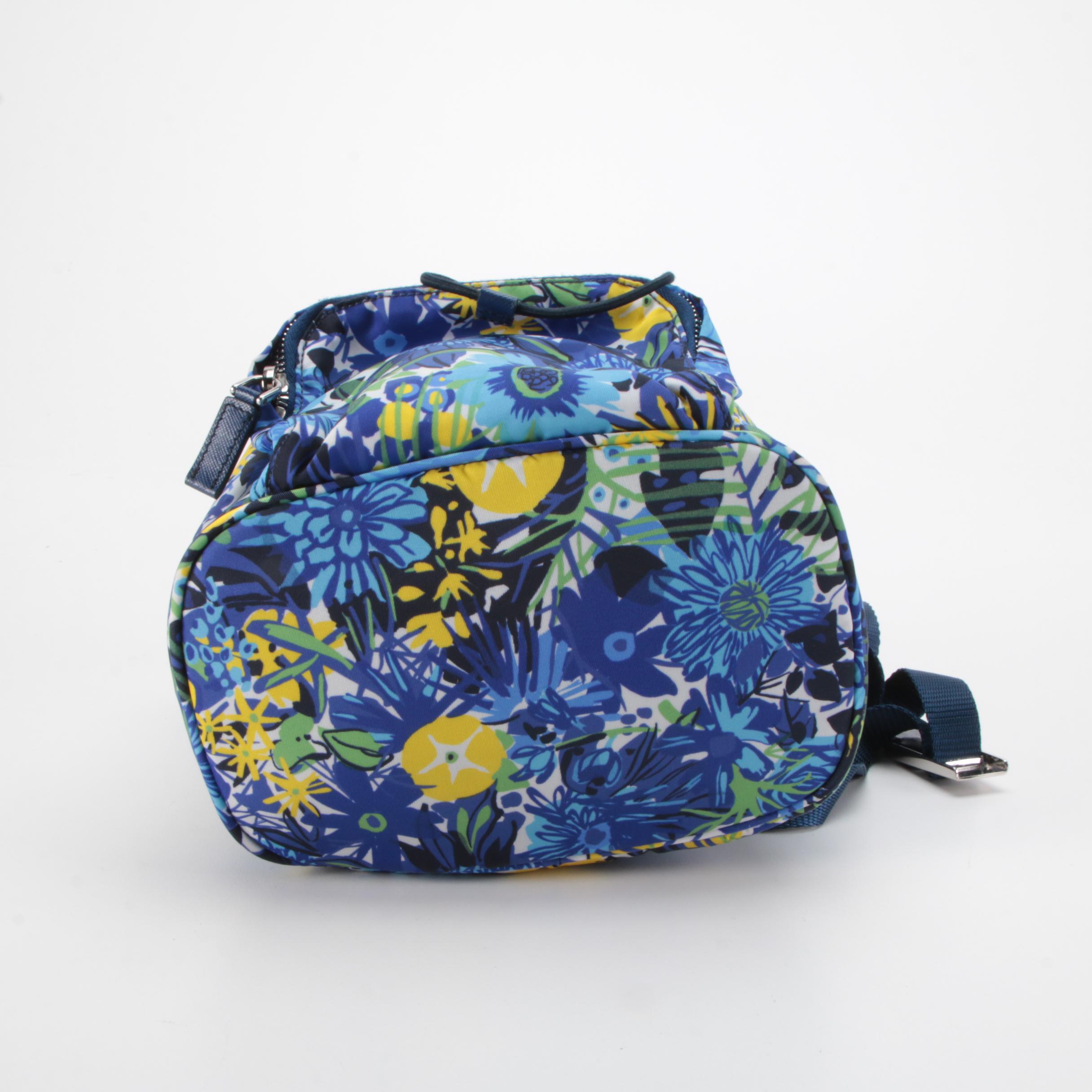 Prada Floral Print Tessuto Nylon Backpack with Blue Saffiano Leather