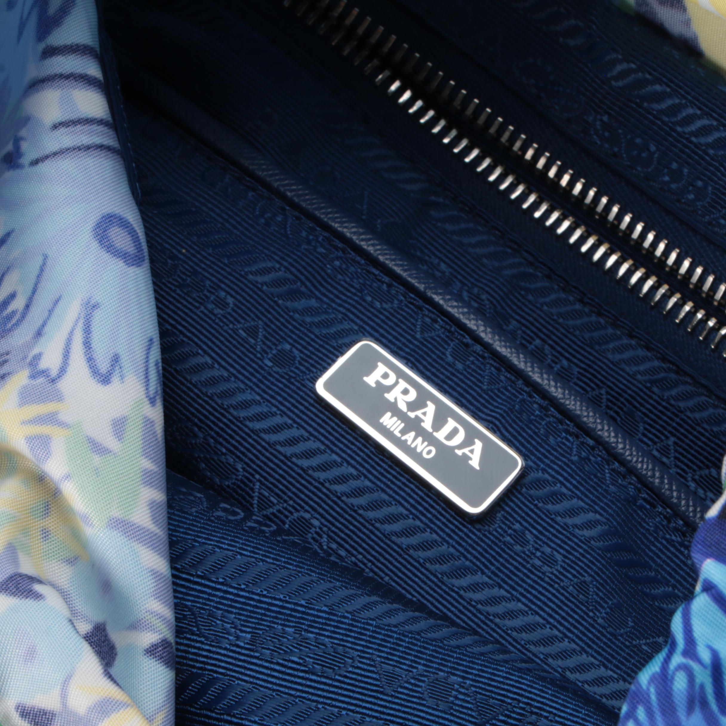 Prada Floral Print Tessuto Nylon Backpack with Blue Saffiano Leather