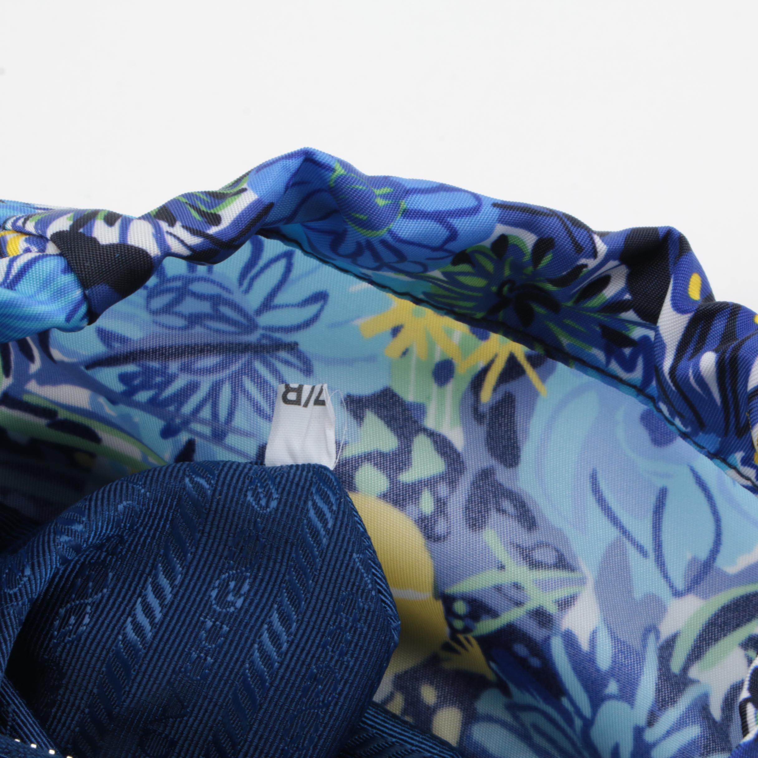 Prada Floral Print Tessuto Nylon Backpack with Blue Saffiano Leather