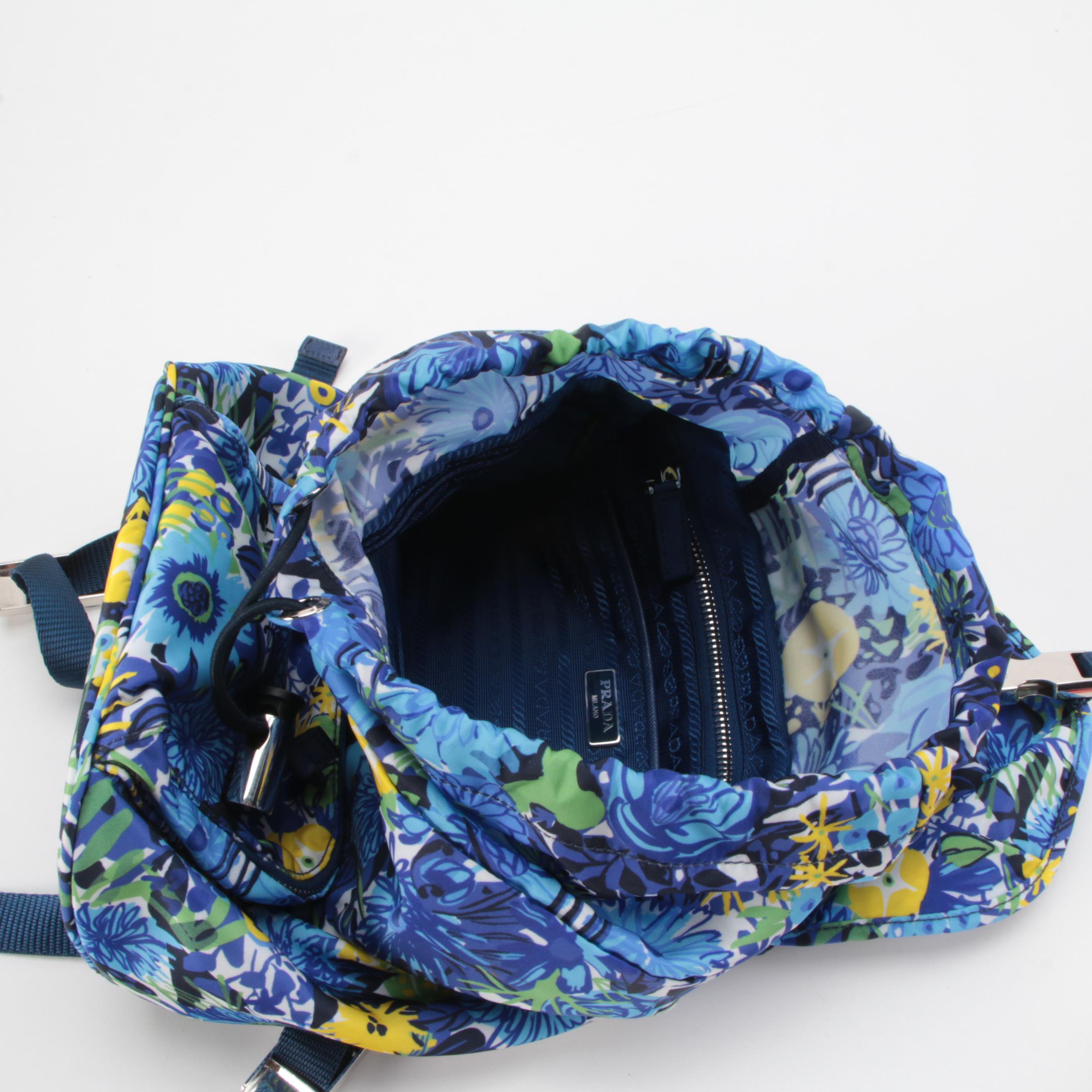 Prada Floral Print Tessuto Nylon Backpack with Blue Saffiano Leather