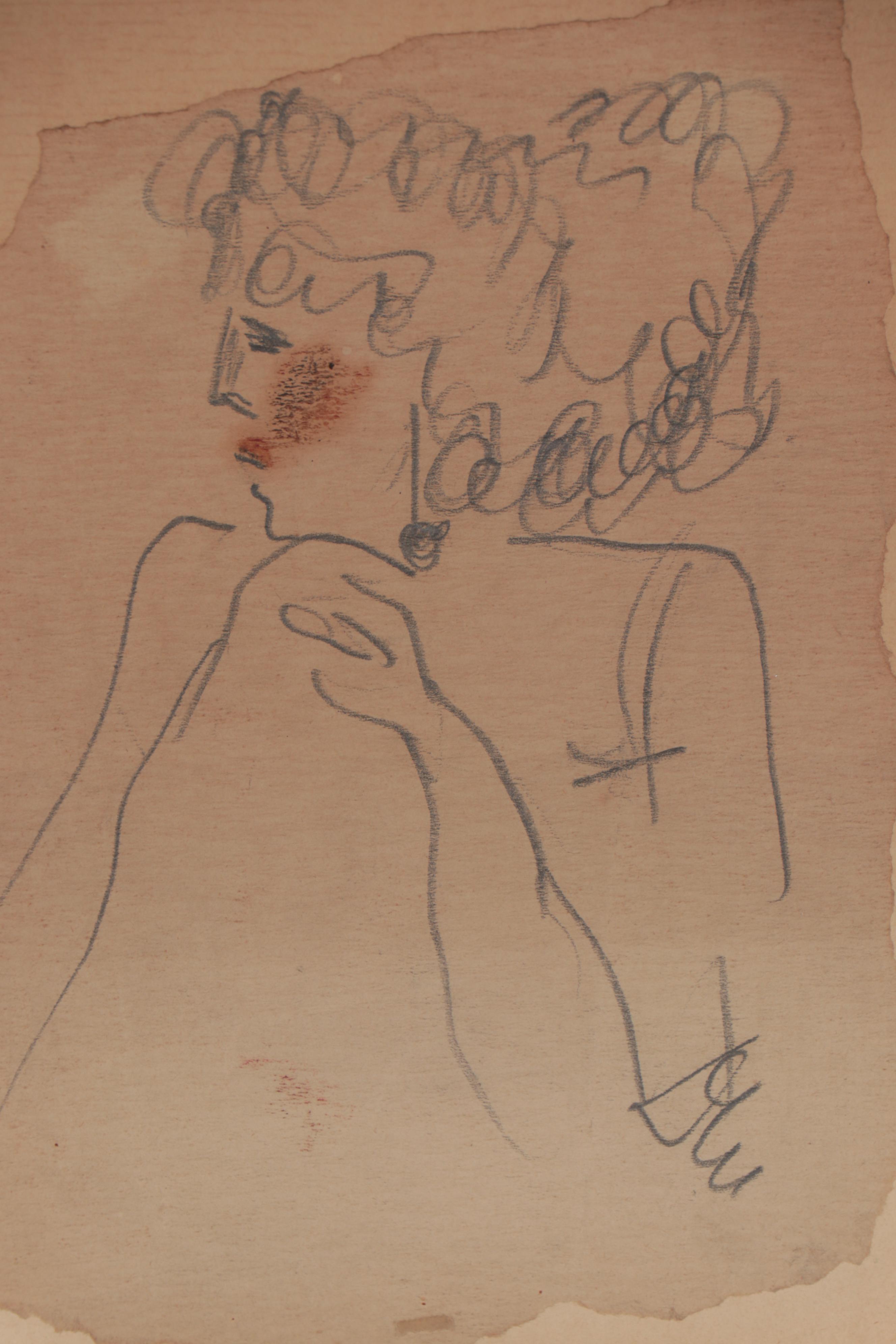 Modernist Graphite Portrait Drawing, Mid-20th Century