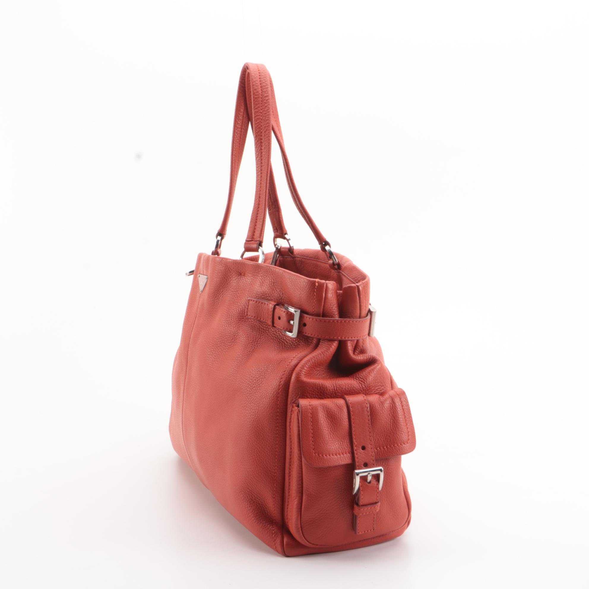 Prada Buckles Shopping Tote in Burnt Orange Vitello Daino Leather