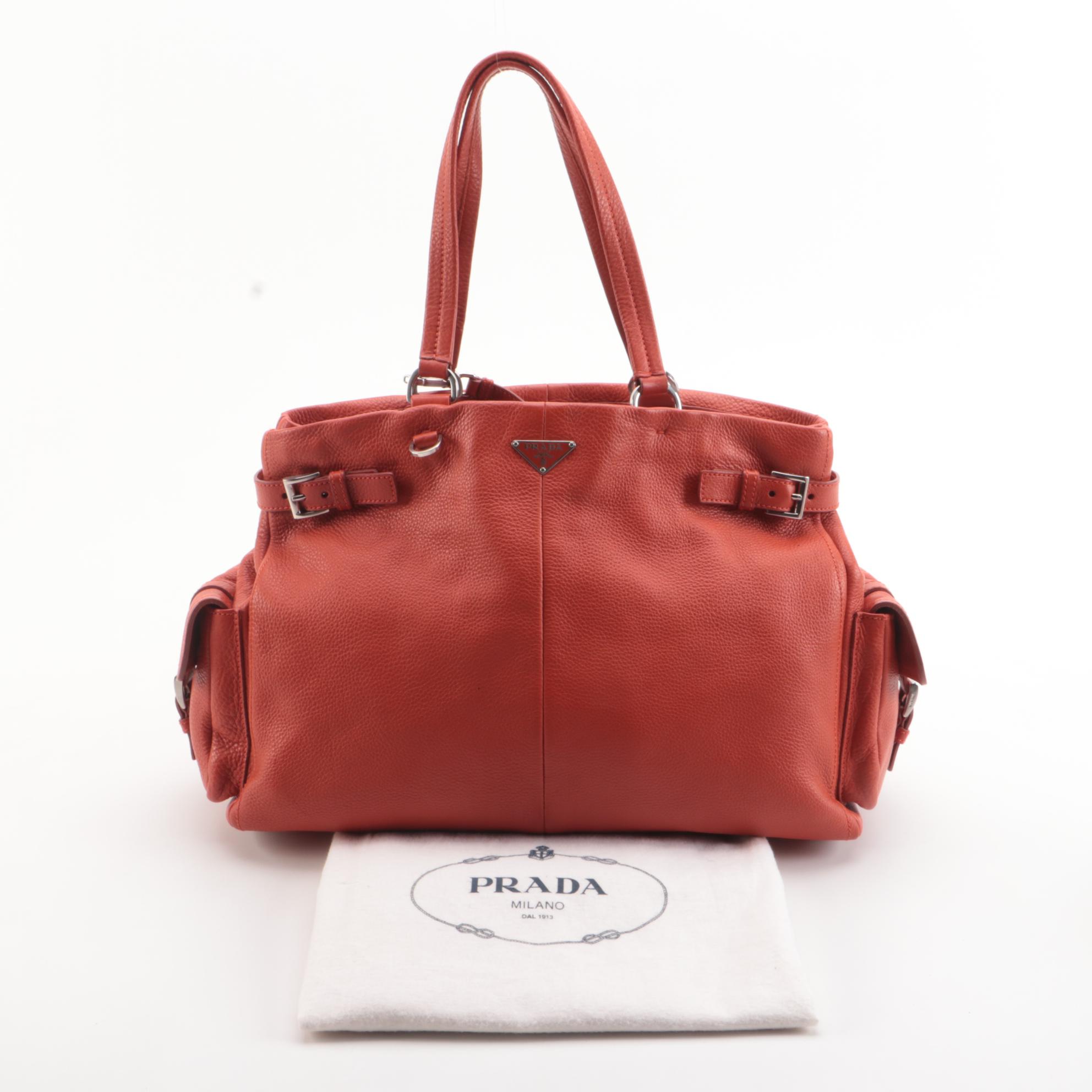 Prada Buckles Shopping Tote in Burnt Orange Vitello Daino Leather