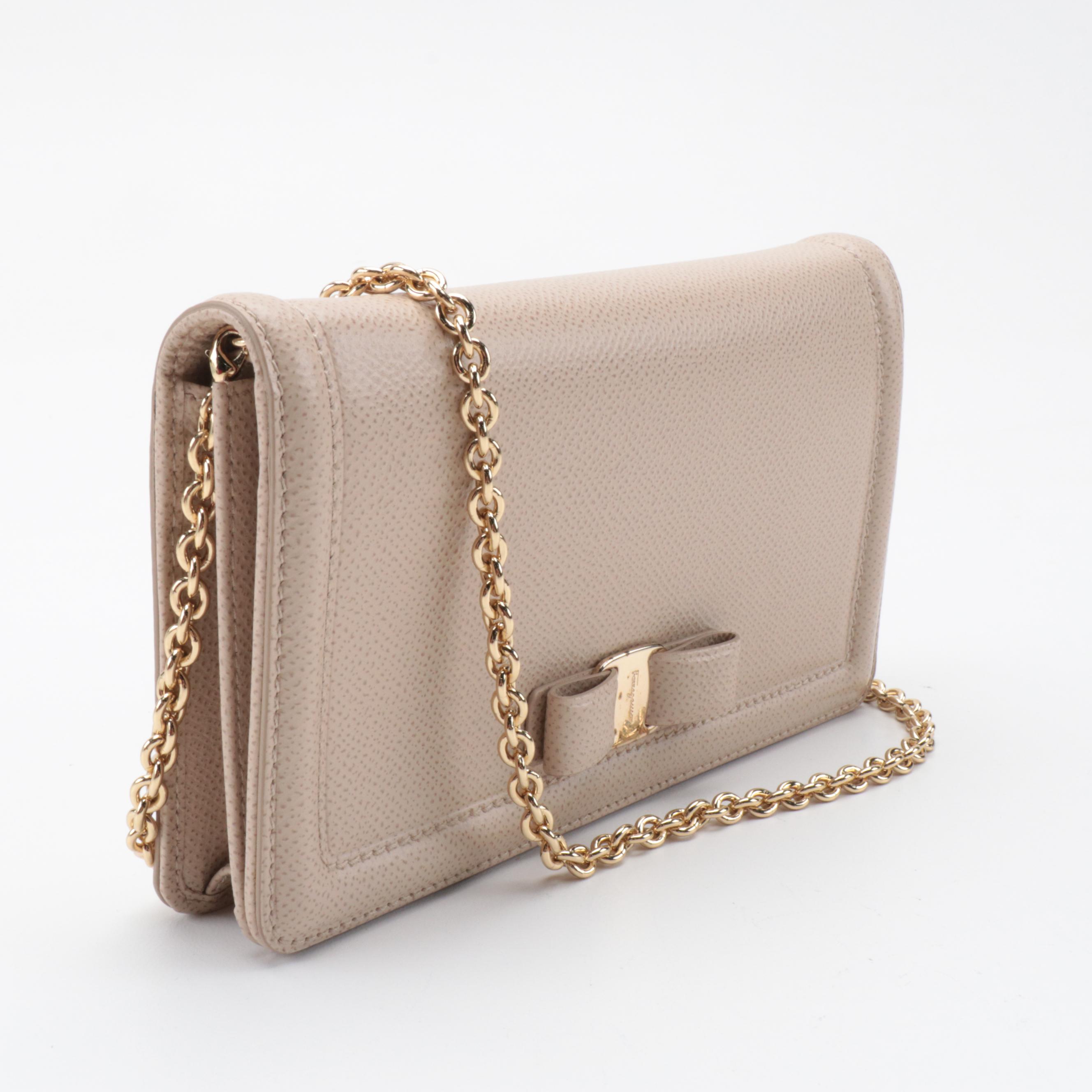 Salvatore Ferragamo Miss Vara Wallet on Chain in Beige Leather