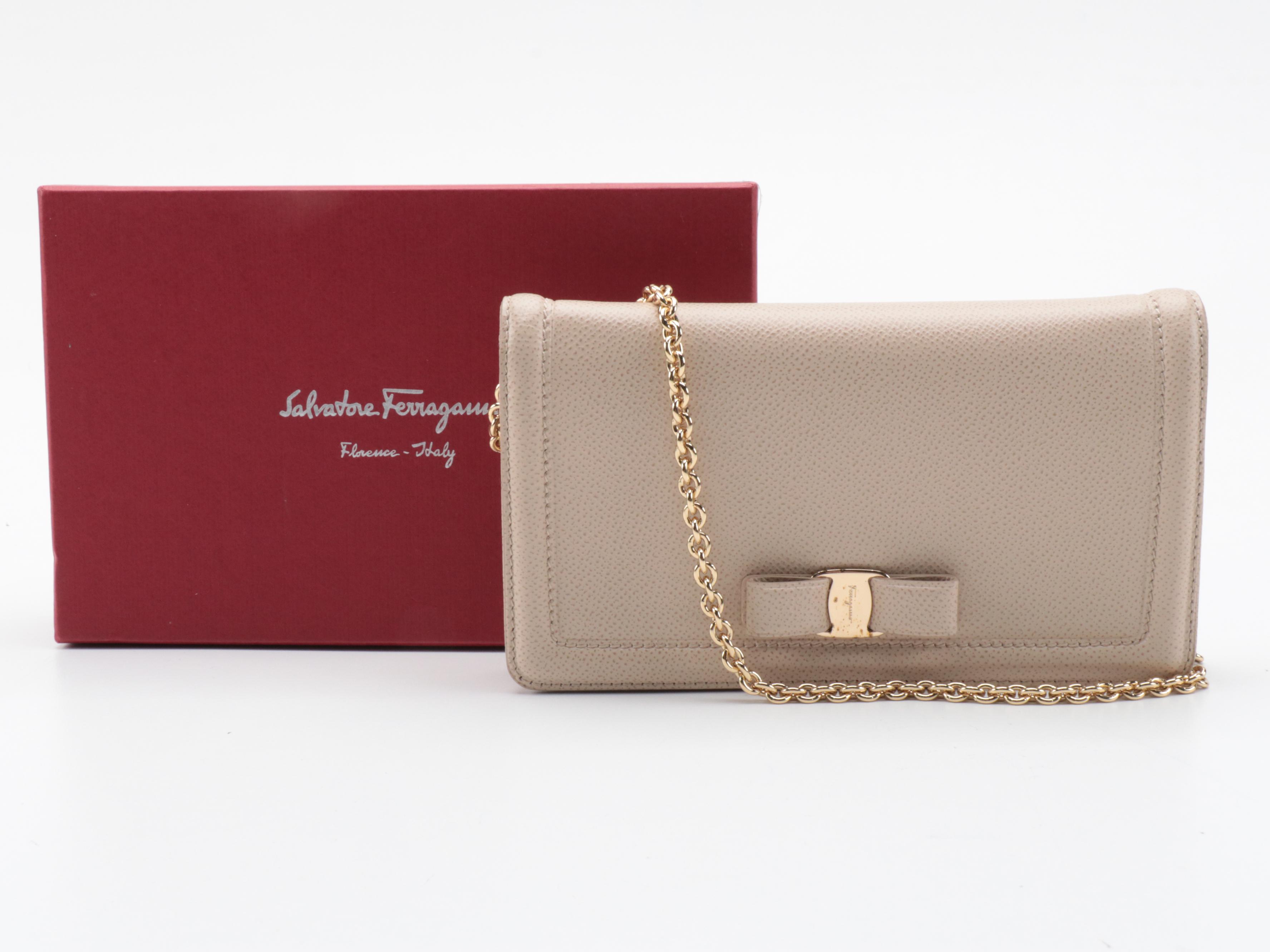 Salvatore Ferragamo Miss Vara Wallet on Chain in Beige Leather