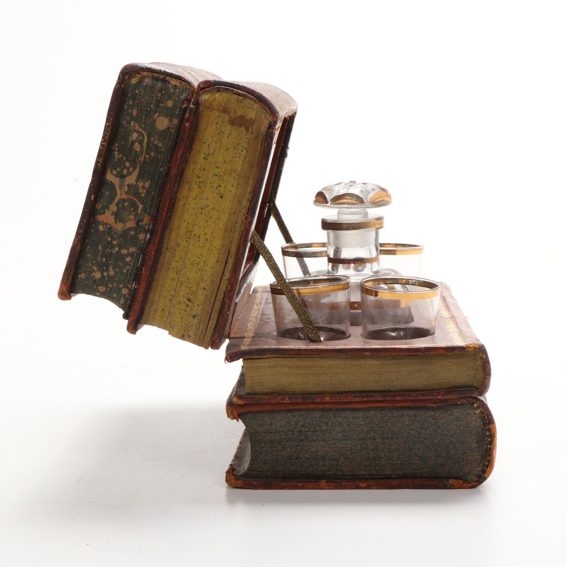 French Hidden Bar Book Tantalus Decanter Set, Late 19th Century