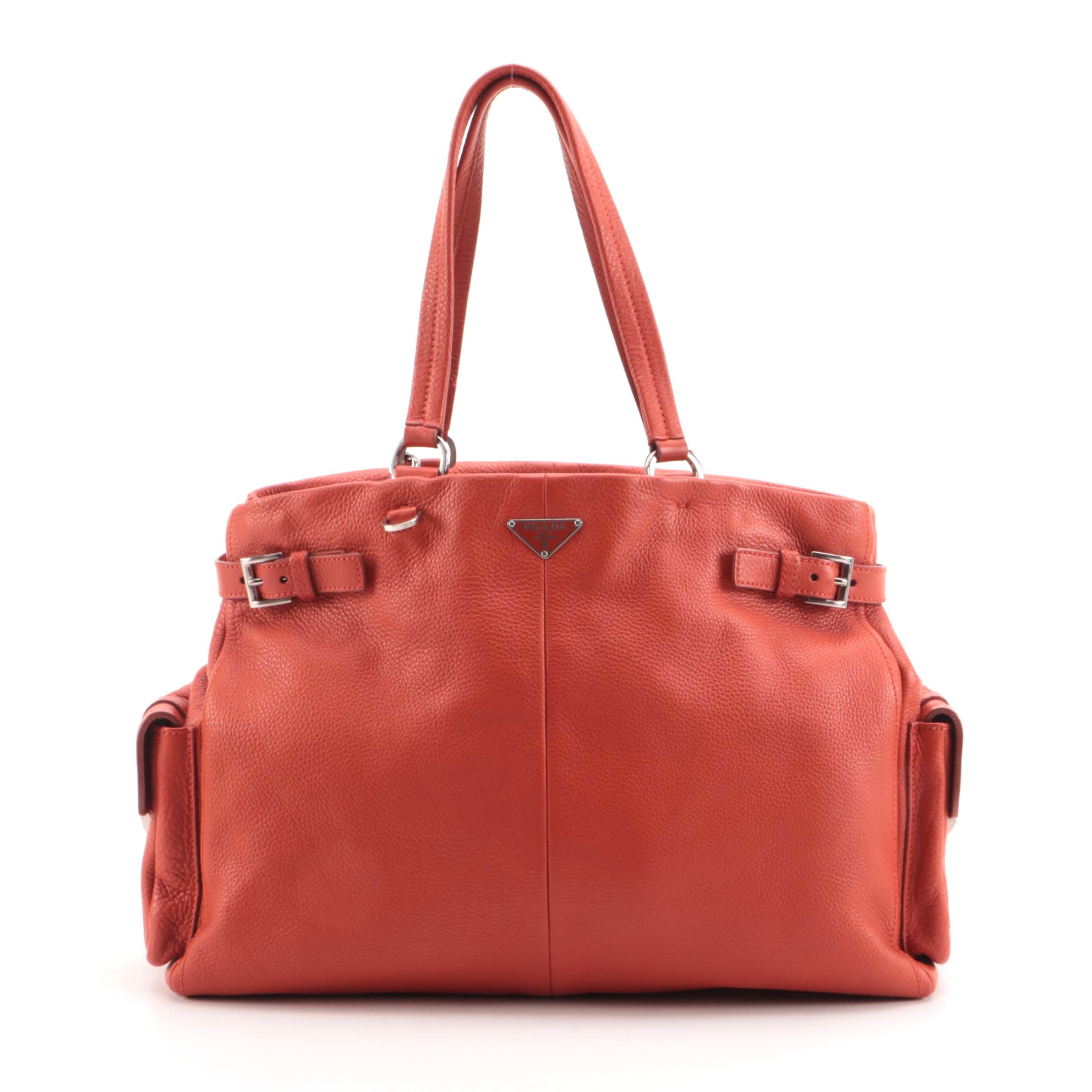 Prada Buckles Shopping Tote in Burnt Orange Vitello Daino Leather