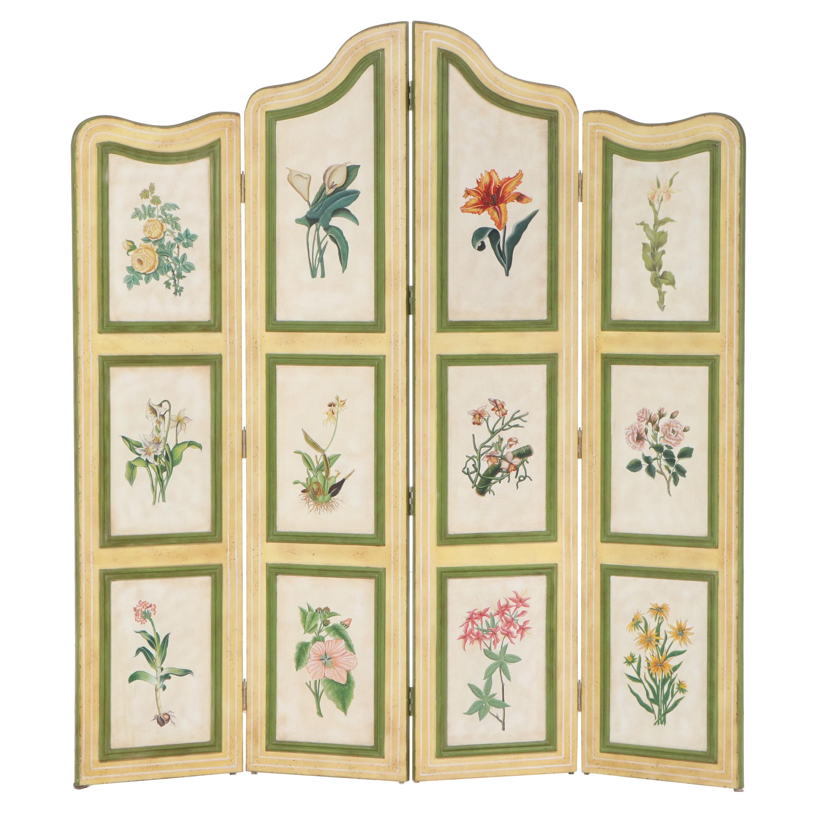 Floral-Decorated Four-Panel Folding Screen