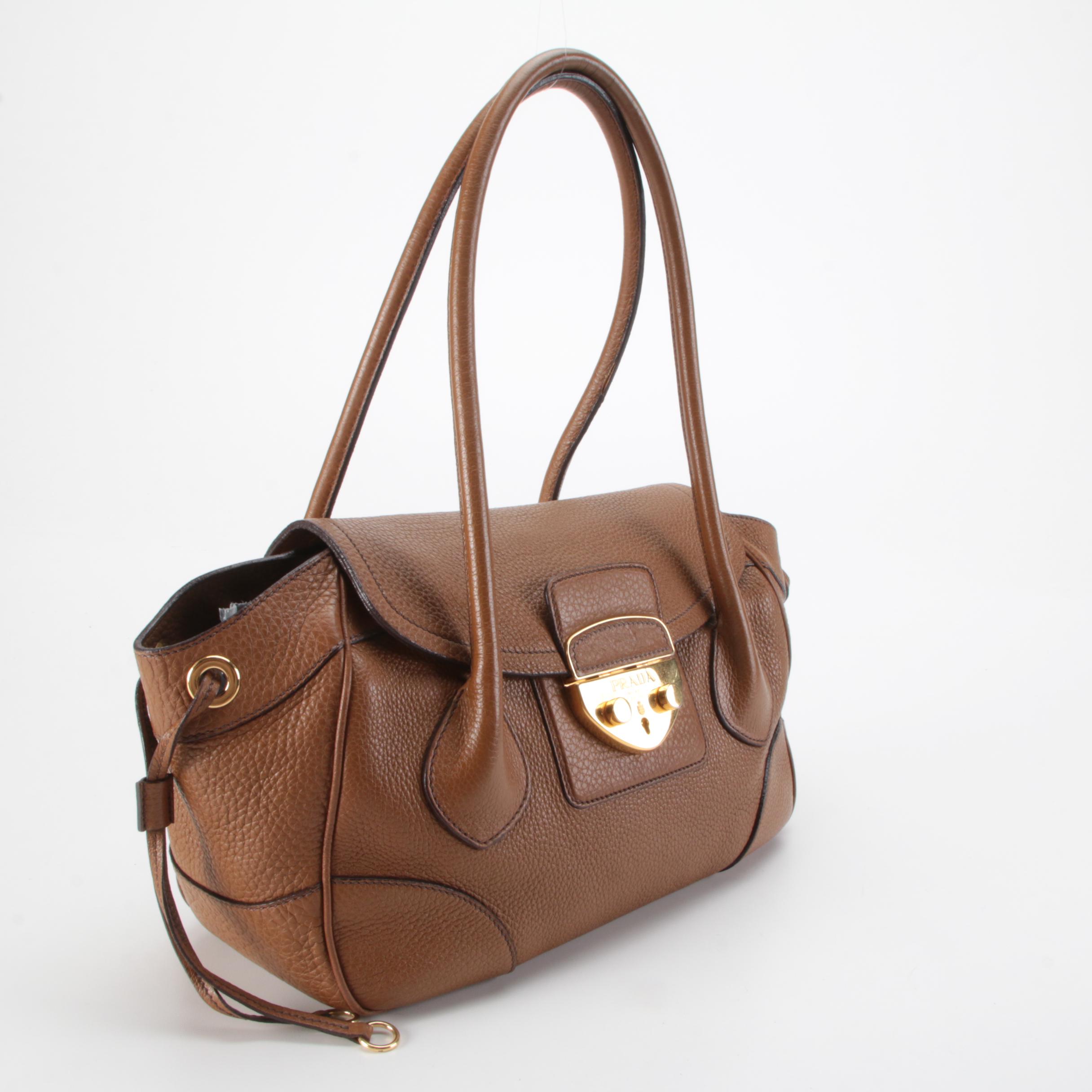 Prada Sound Lock Satchel Bag in Brown Vitello Daino Leather