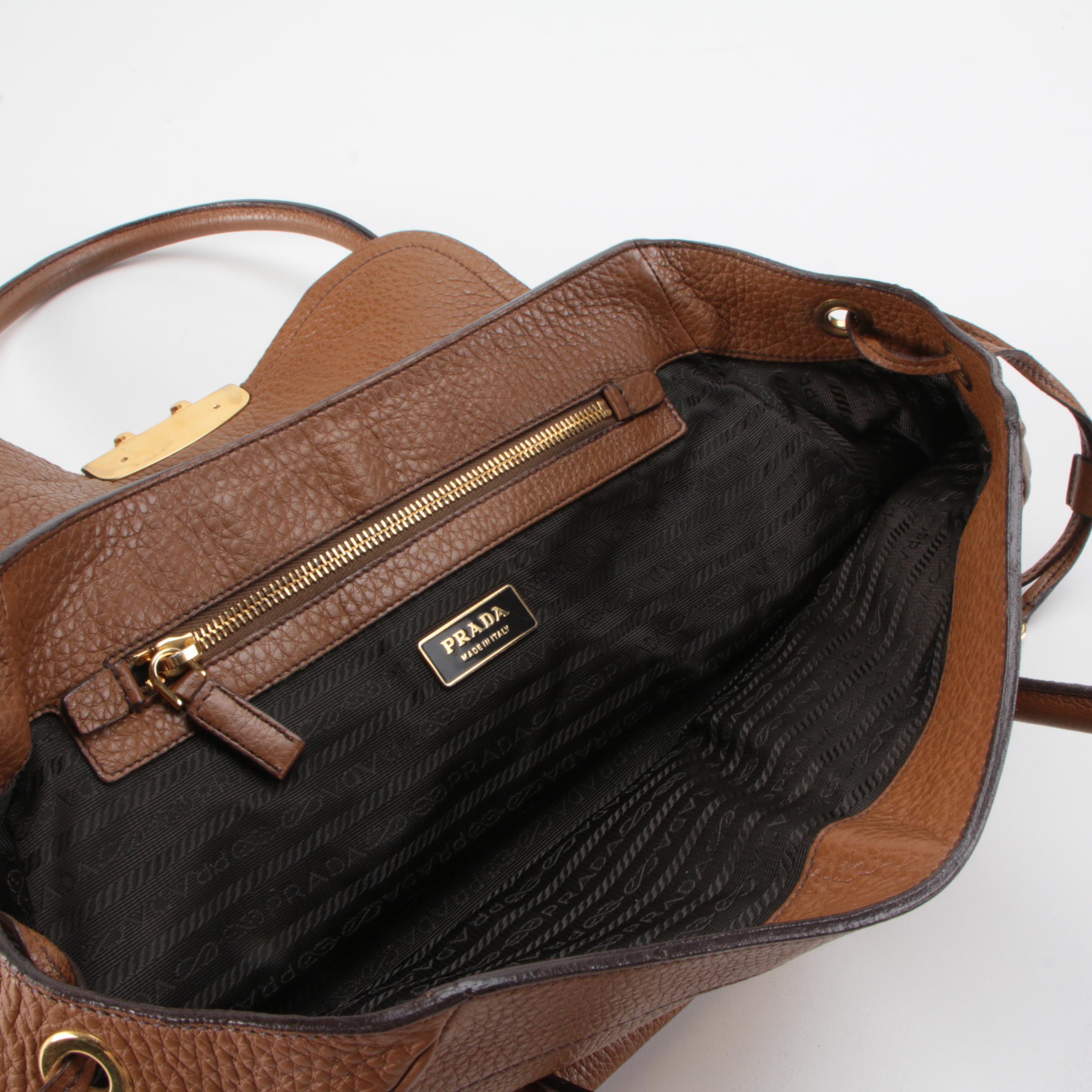 Prada Sound Lock Satchel Bag in Brown Vitello Daino Leather