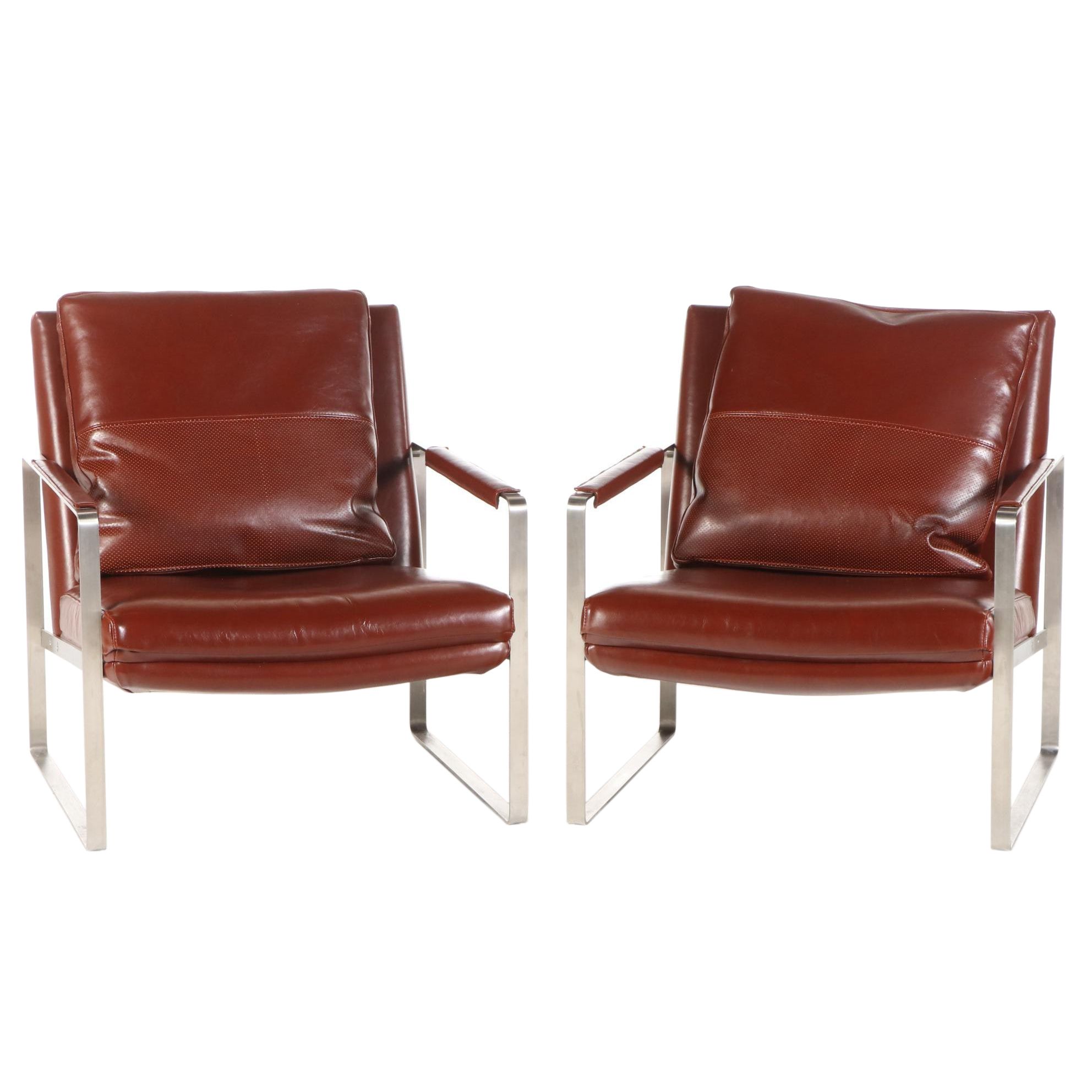 Pair of Camerich Modern Leather Upholstered Chrome Frame Armchairs