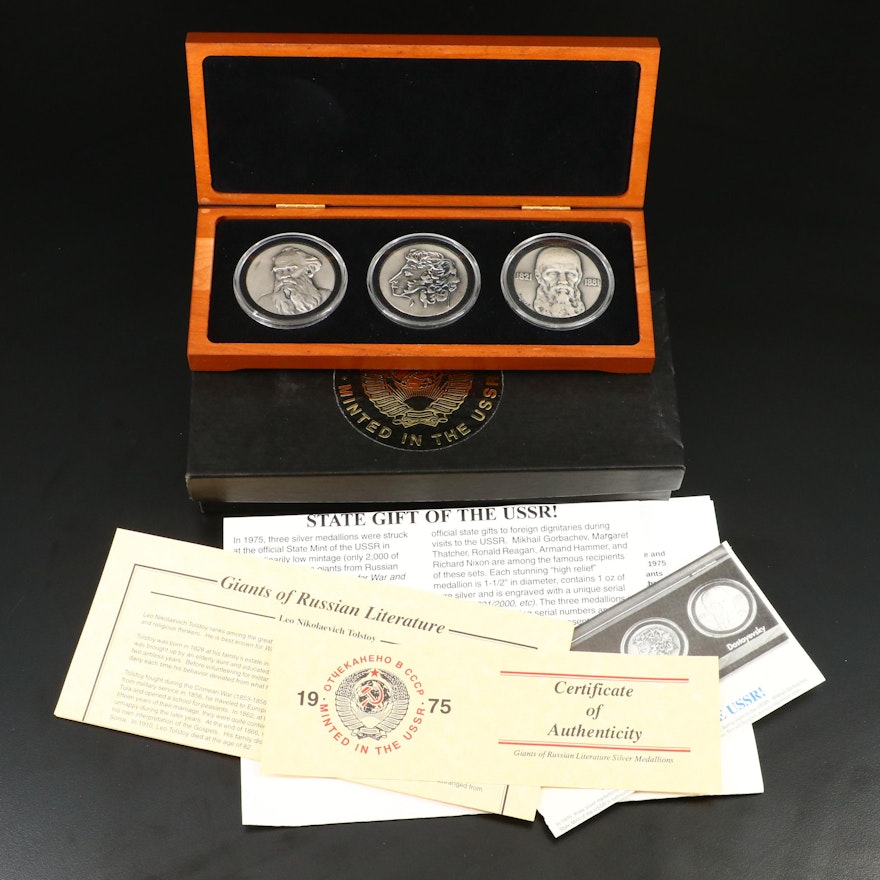 "Giants of Russian Literature" Fine Silver 3-Medal Commemorative Set