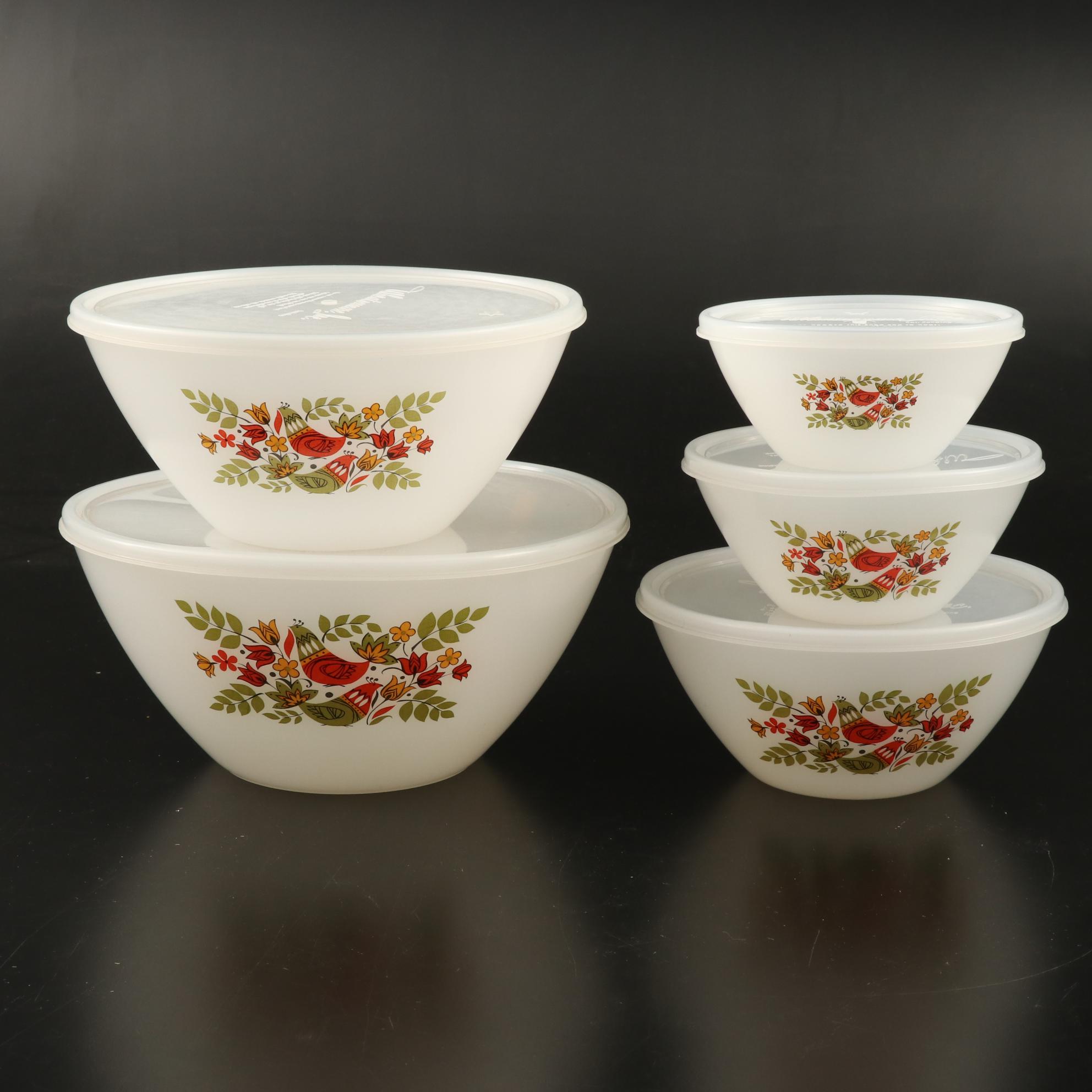 Arcopal France Hens Motif Mixing Bowls with Plastic Lids, 1960s