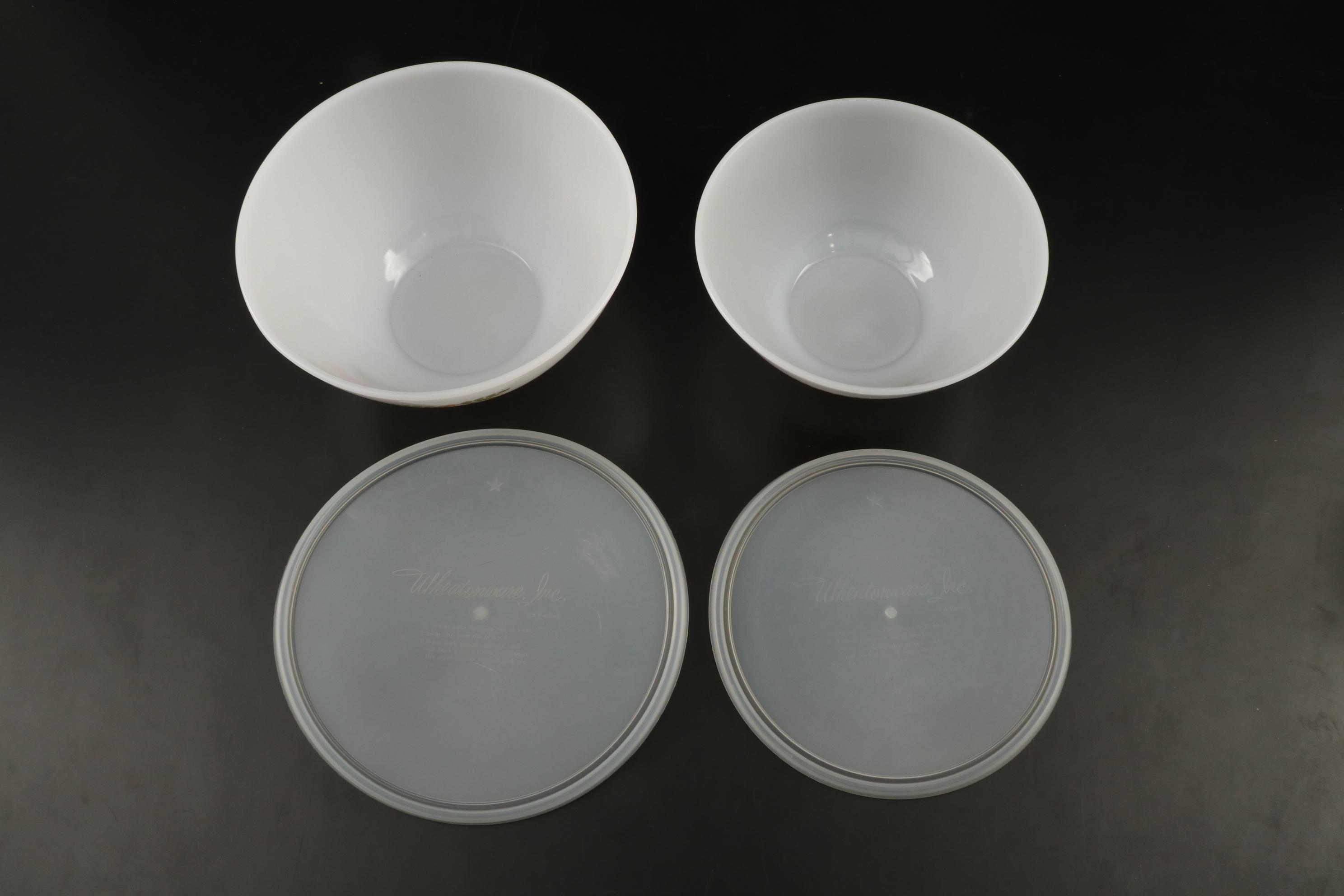 Arcopal France Hens Motif Mixing Bowls with Plastic Lids, 1960s