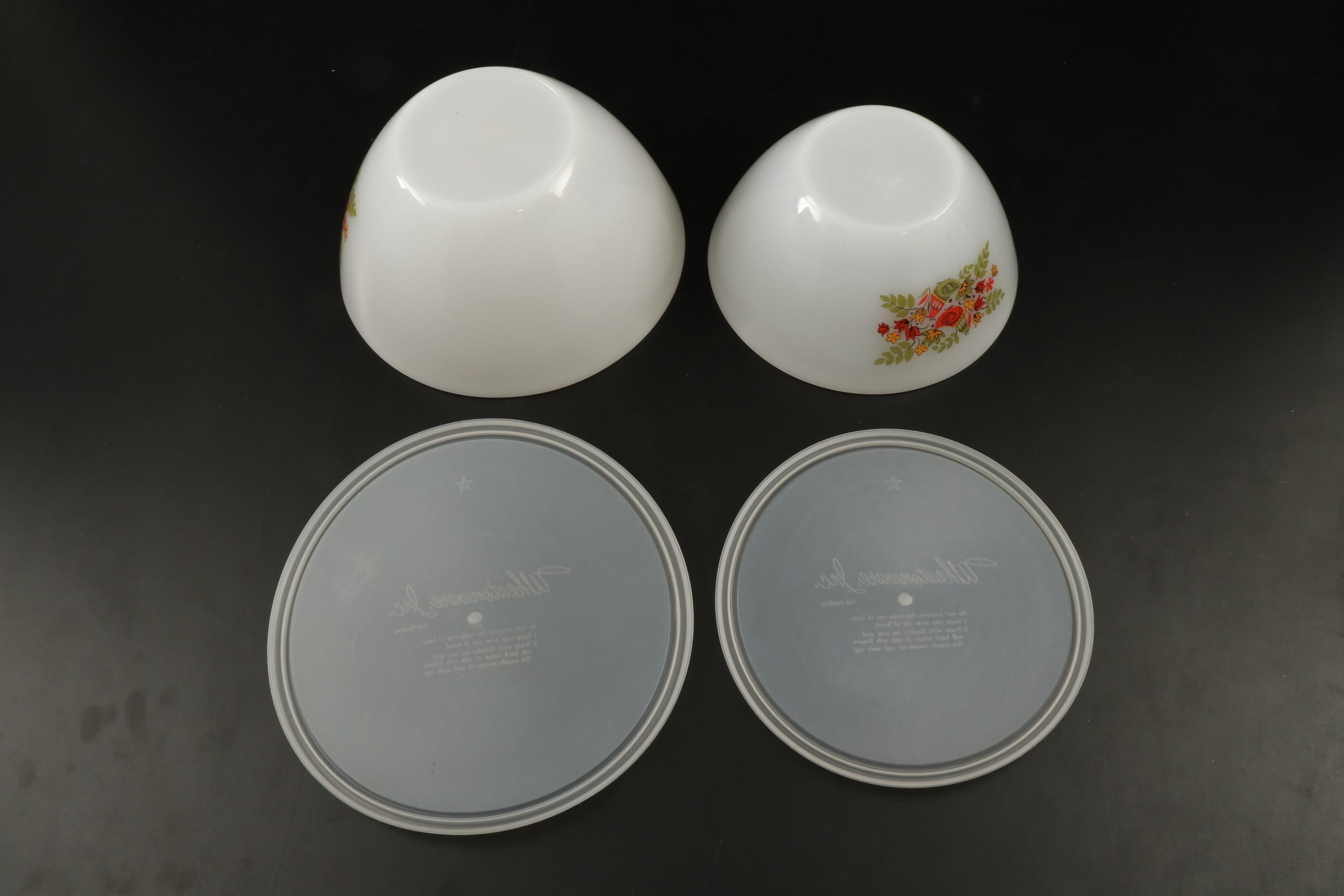 Arcopal France Hens Motif Mixing Bowls with Plastic Lids, 1960s