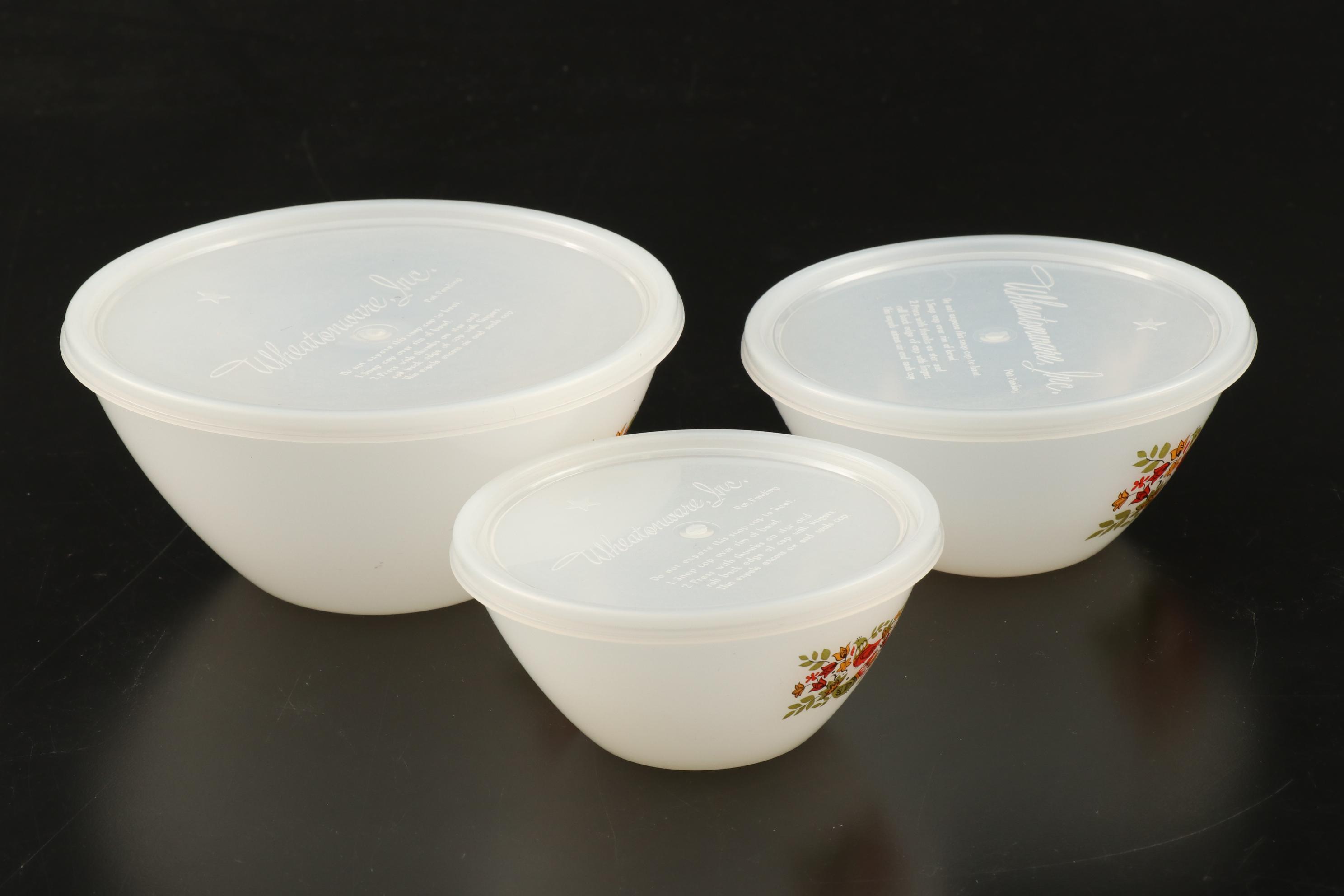 Arcopal France Hens Motif Mixing Bowls with Plastic Lids, 1960s