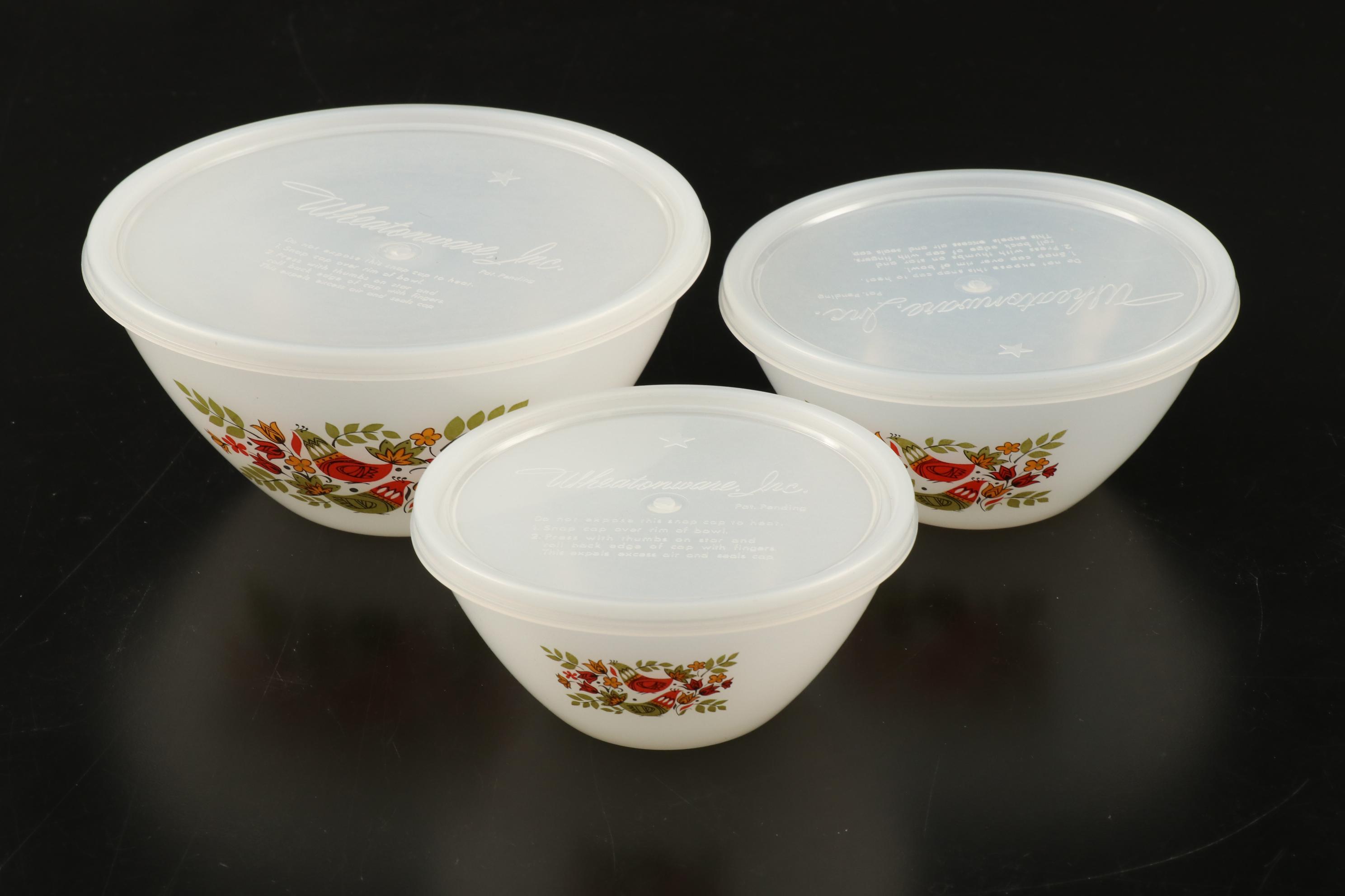 Arcopal France Hens Motif Mixing Bowls with Plastic Lids, 1960s