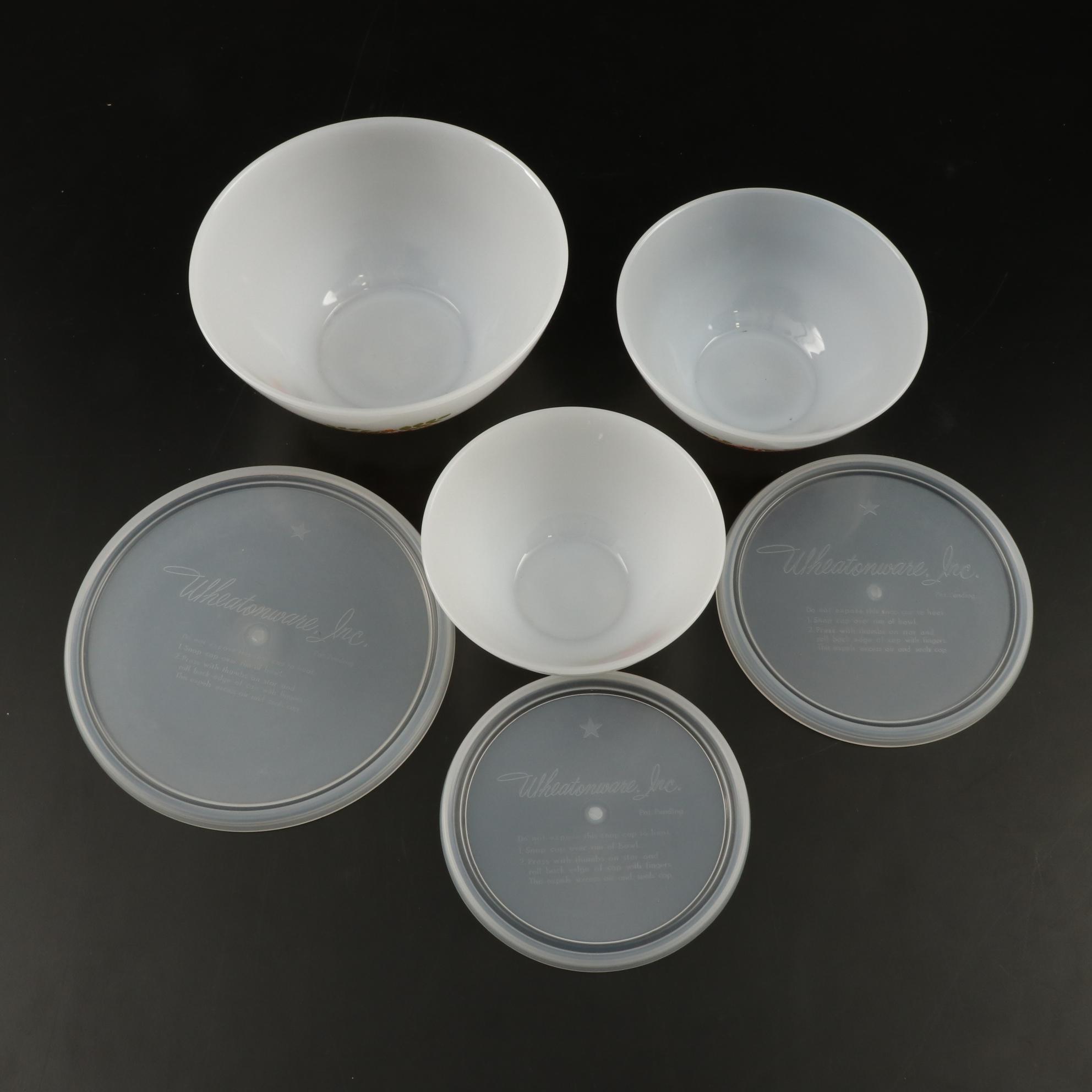 Arcopal France Hens Motif Mixing Bowls with Plastic Lids, 1960s