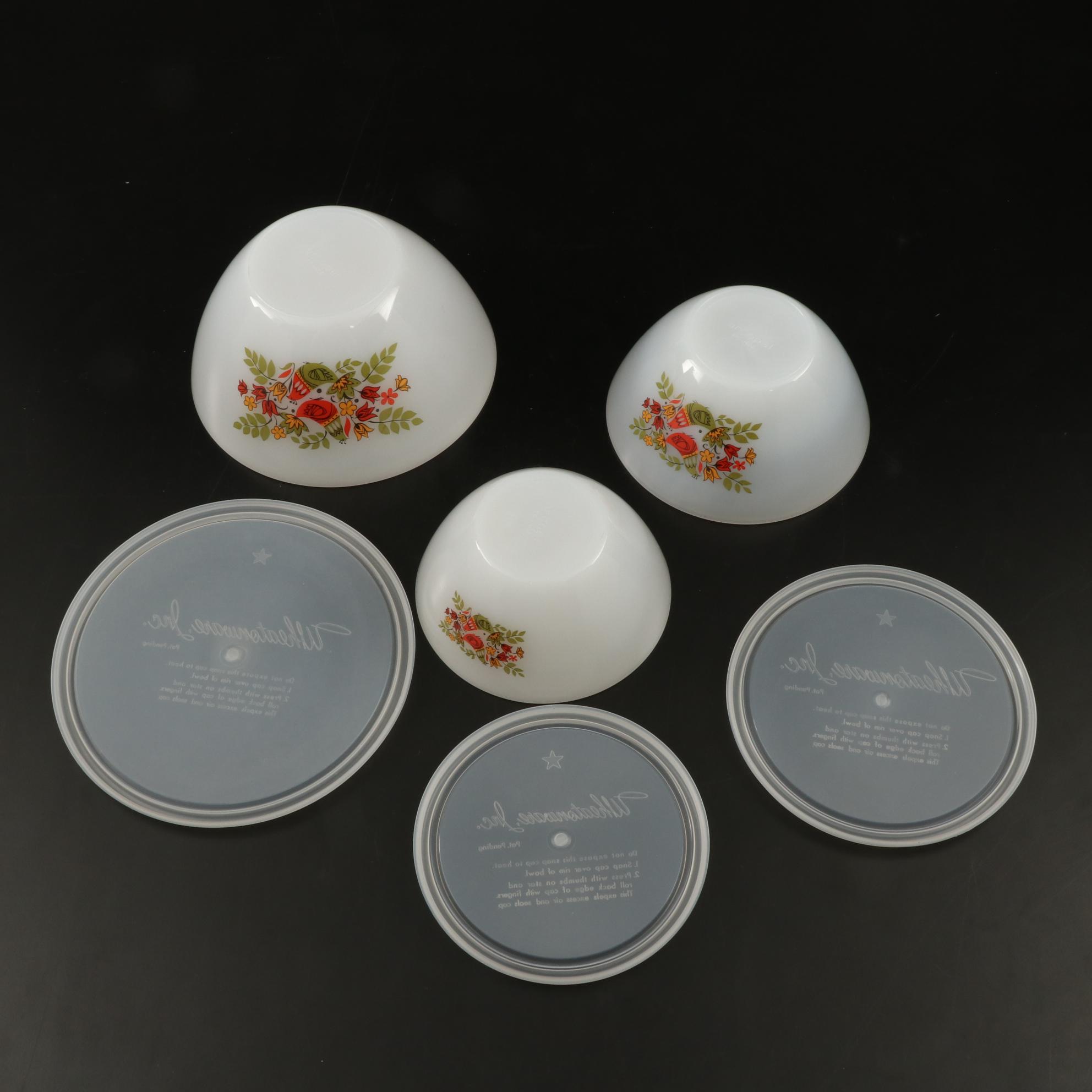 Arcopal France Hens Motif Mixing Bowls with Plastic Lids, 1960s