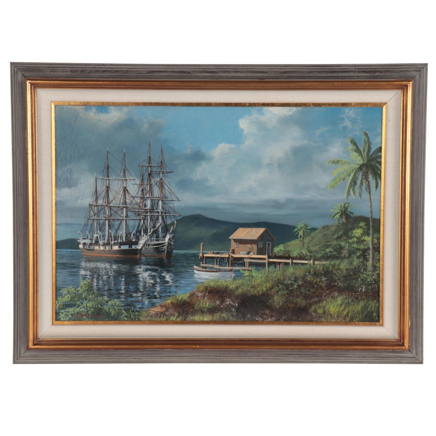 David Thimgan Hawaiian Oil Painting "Whalers at Maui," Late 20th Century