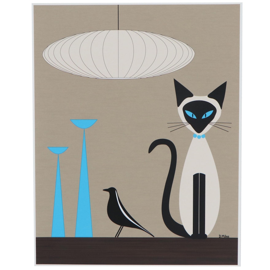 Donna Mibus Giclée "Mid Century Siamese Cat with Eames House Bird"