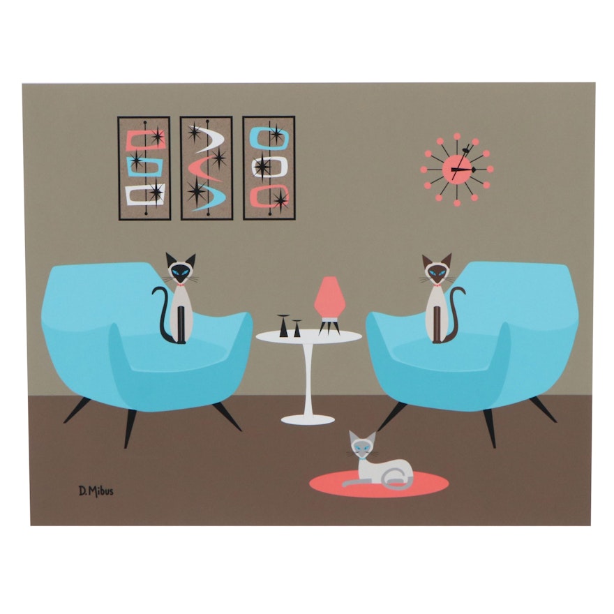 Donna Mibus Giclée "Three Mid Century Siamese, If You Please"