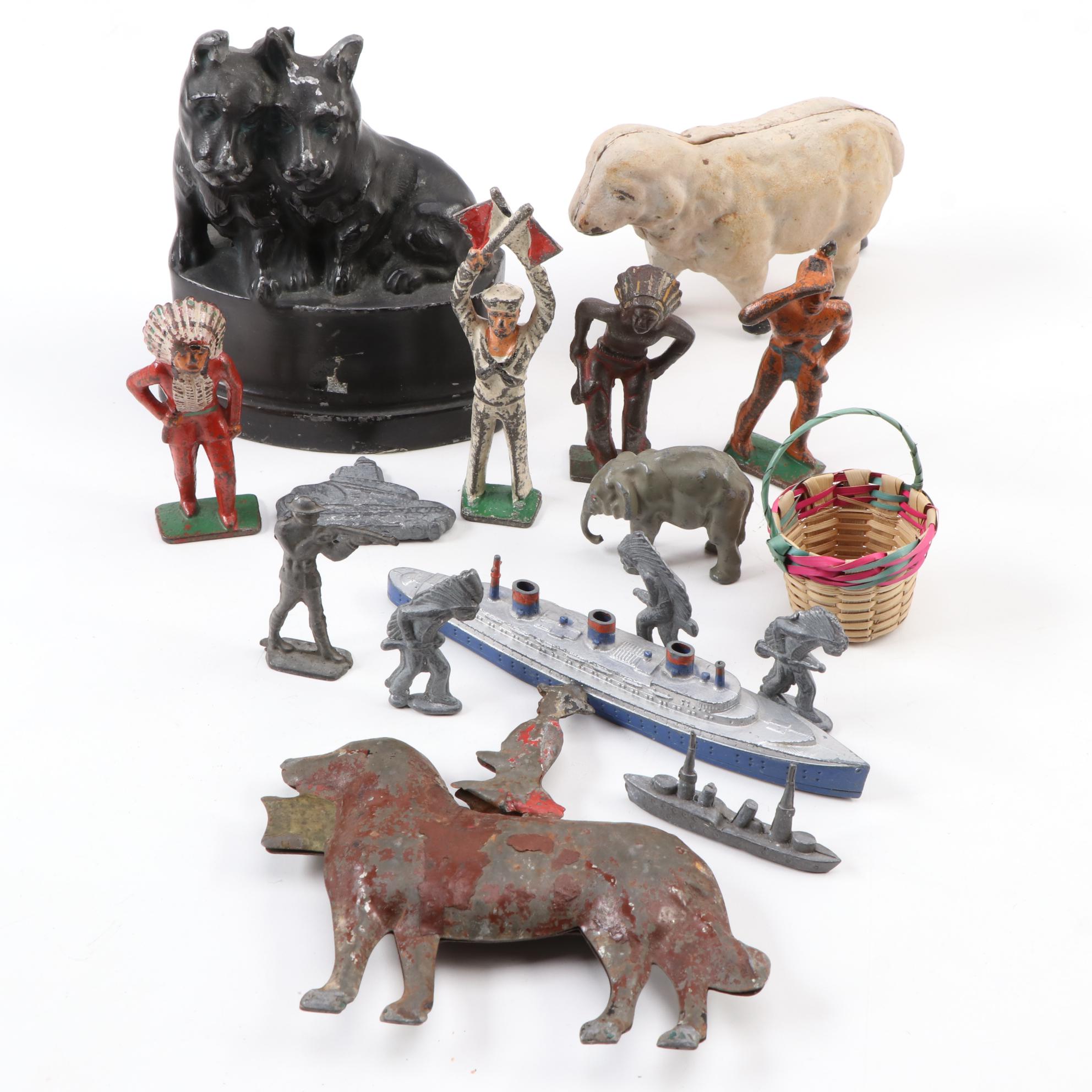 Tootsie Toy Battleship, Cast Iron Banks, and Lead Action Figures