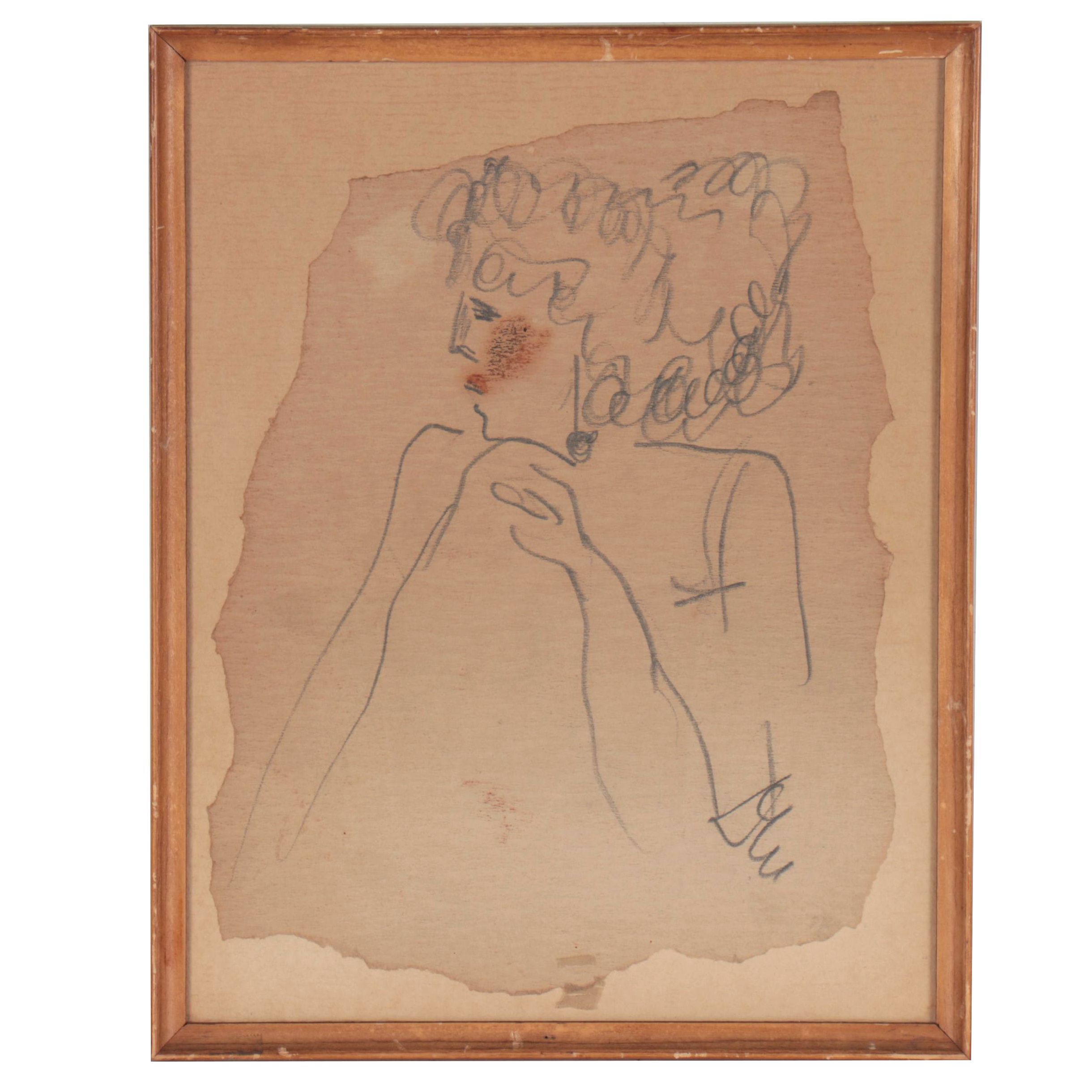 Modernist Graphite Portrait Drawing, Mid-20th Century