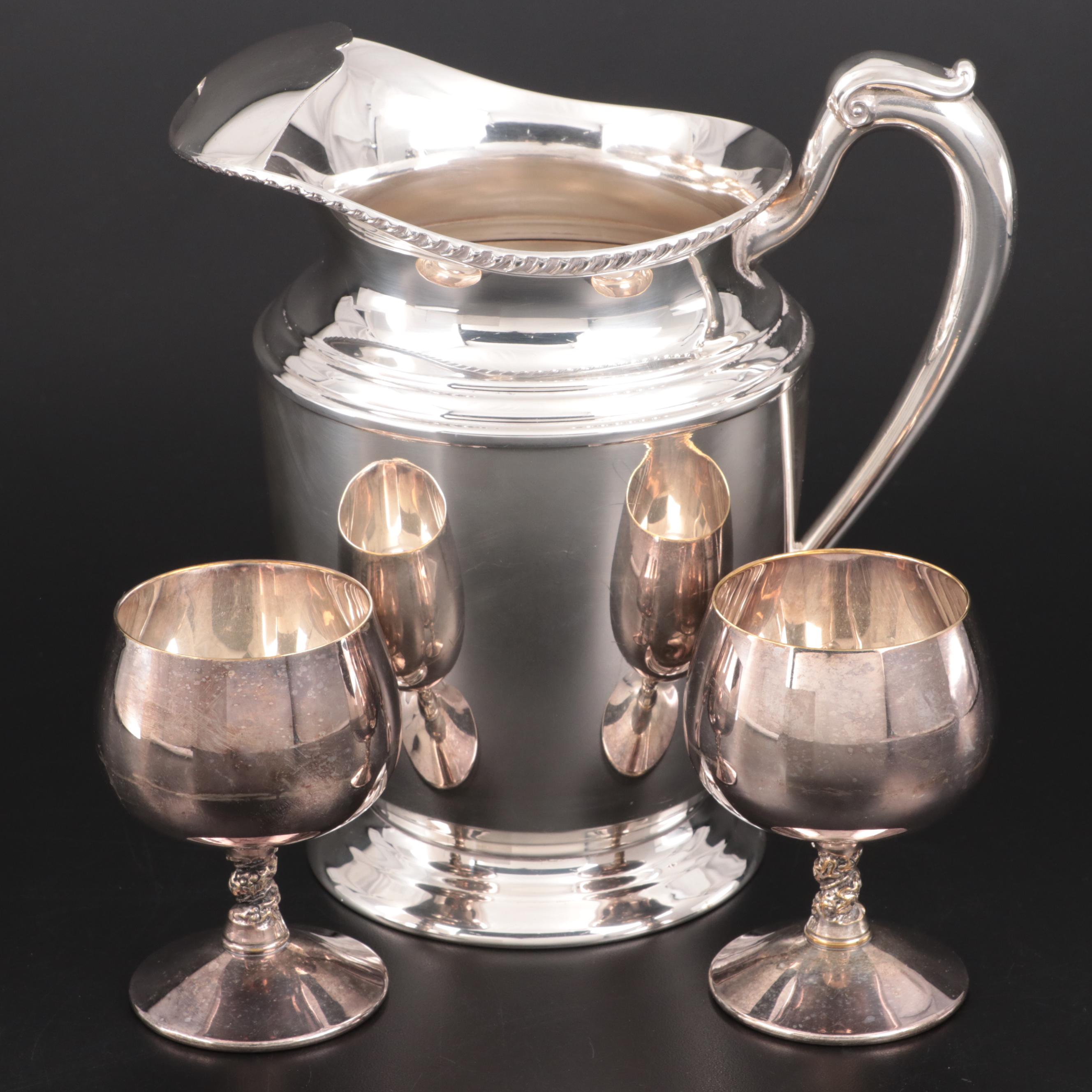 Crescent Silver Plate Water Pitcher with Valero Silver Plate Goblets, Vintage
