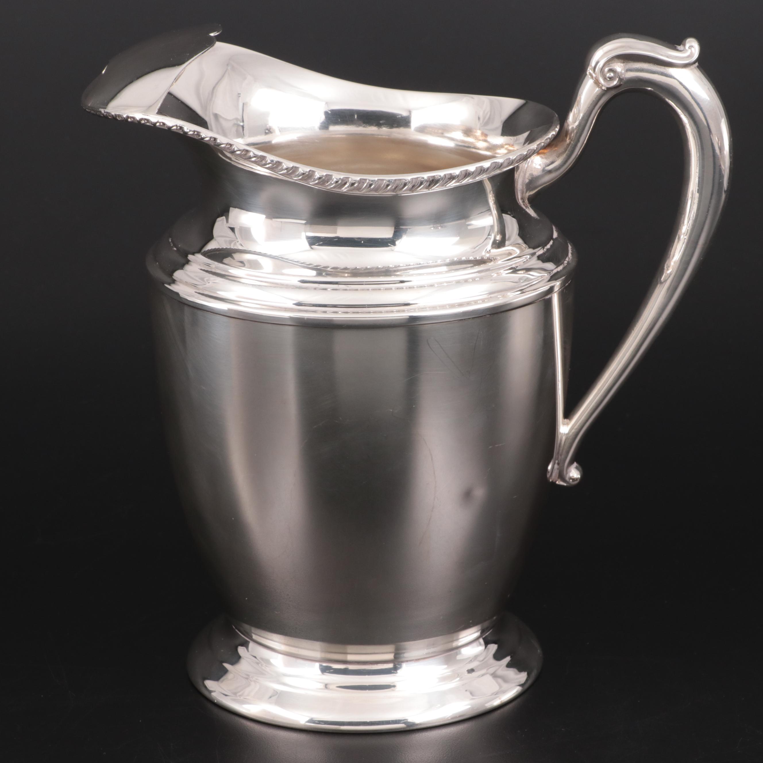 Crescent Silver Plate Water Pitcher with Valero Silver Plate Goblets, Vintage