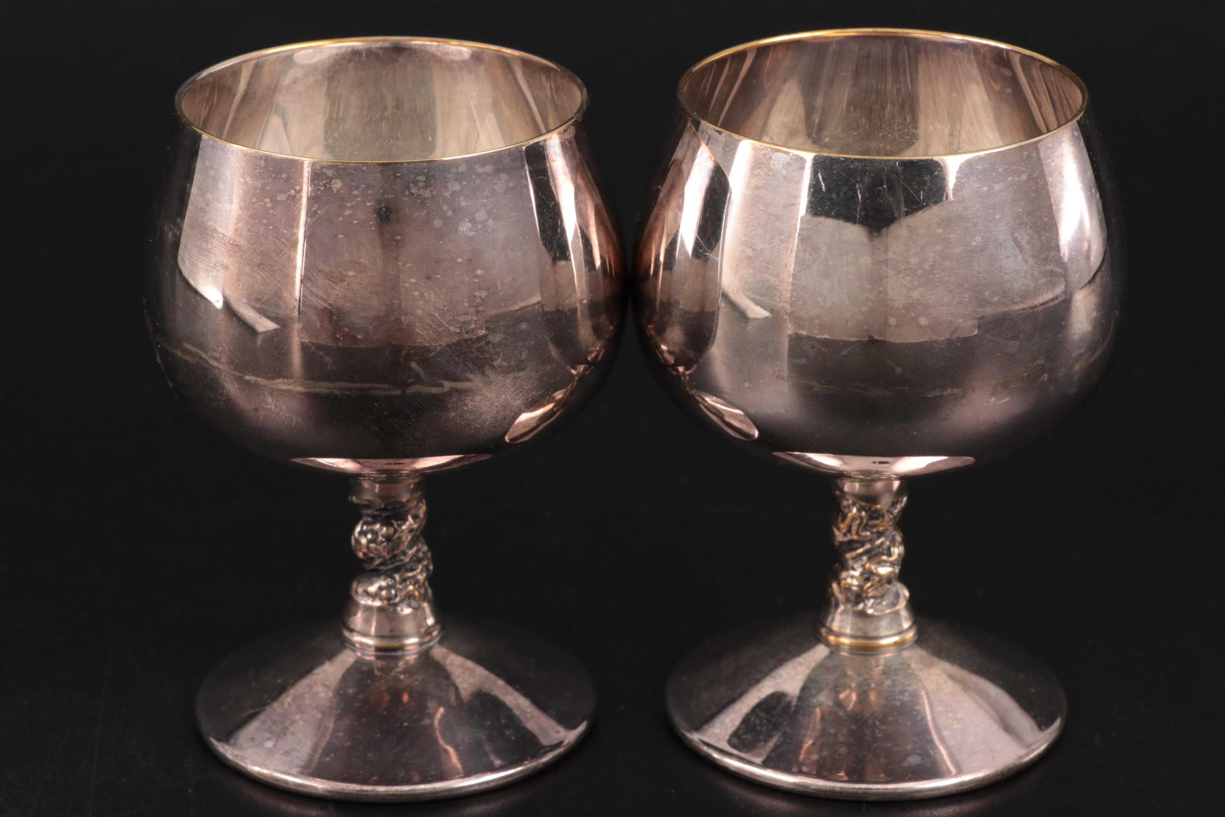 Crescent Silver Plate Water Pitcher with Valero Silver Plate Goblets, Vintage