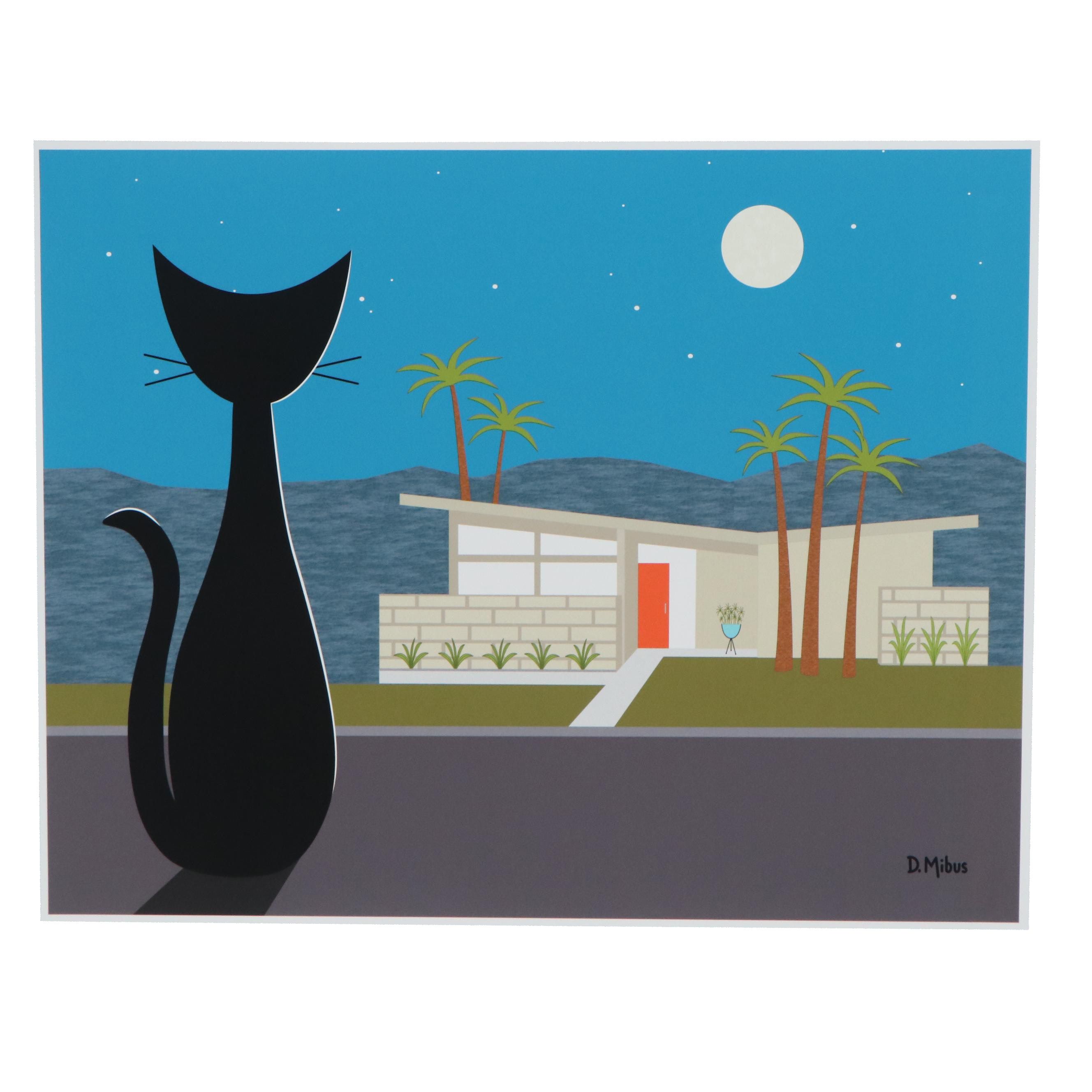 Donna Mibus Giclée "Black Cat Admires Palm Springs Mid Century House"