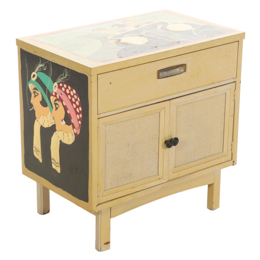 Wood Nightstand Hand-Painted by Barbara Sweney, Late 20th Century