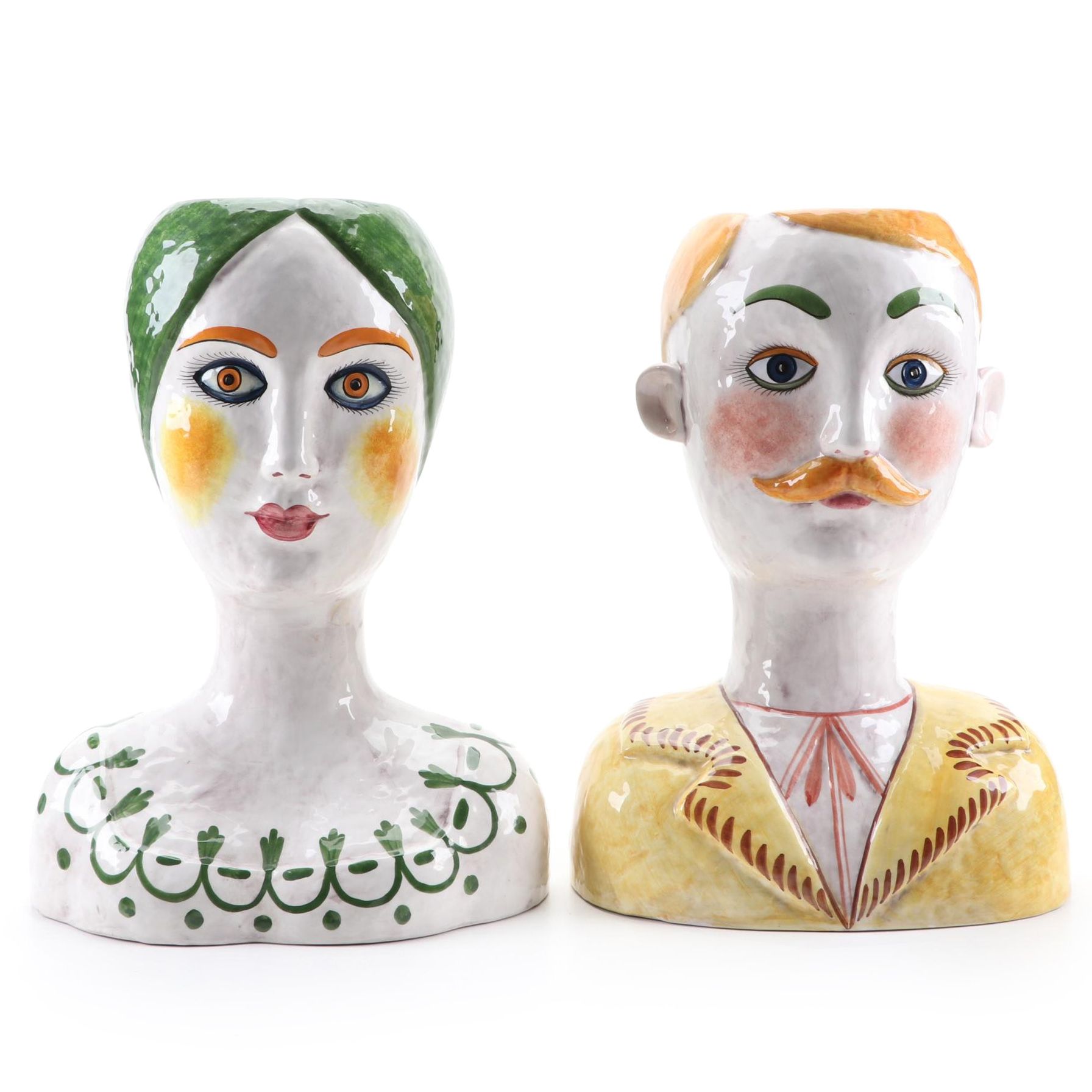 Horchow Collection Italian Hand-Painted Ceramic Head Planters