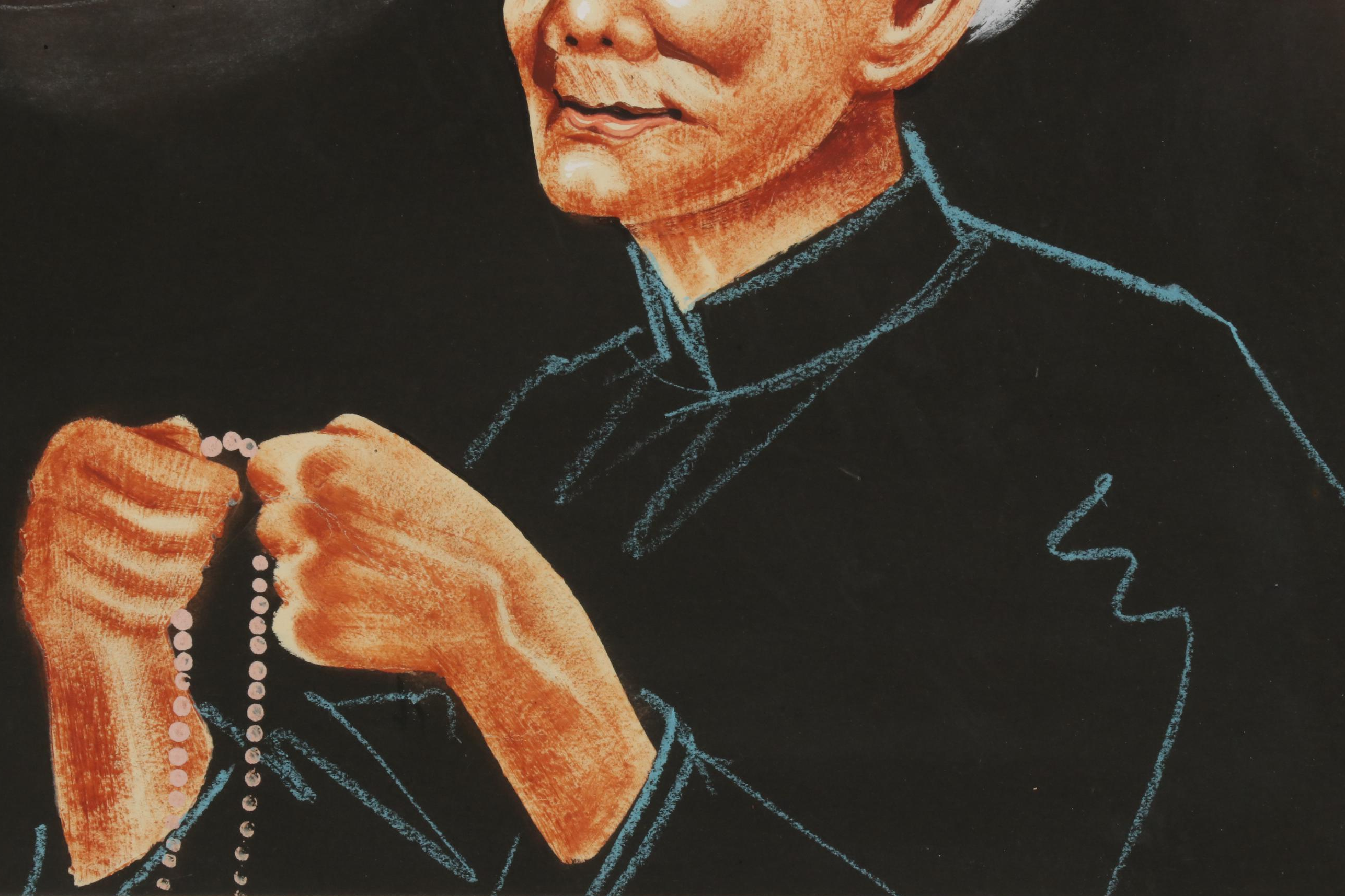 Mixed Media Portraits of Elderly Chinese Man and Woman