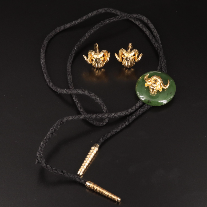 African Buffalo Head Nephrite Bolo Tie and Ram Cufflinks