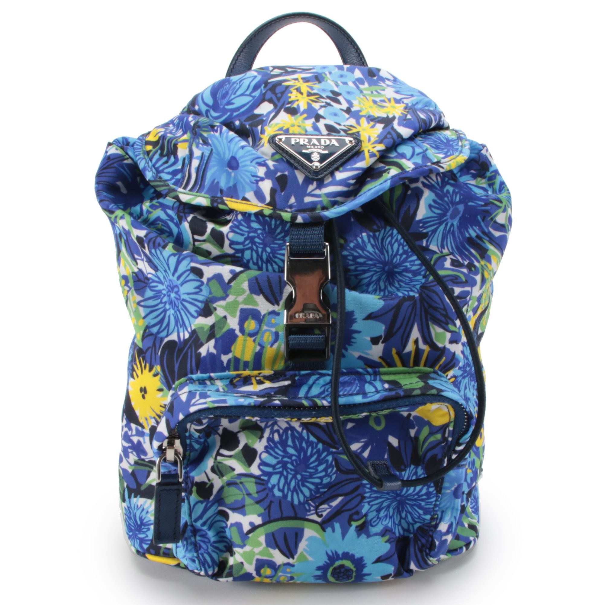Prada Floral Print Tessuto Nylon Backpack with Blue Saffiano Leather
