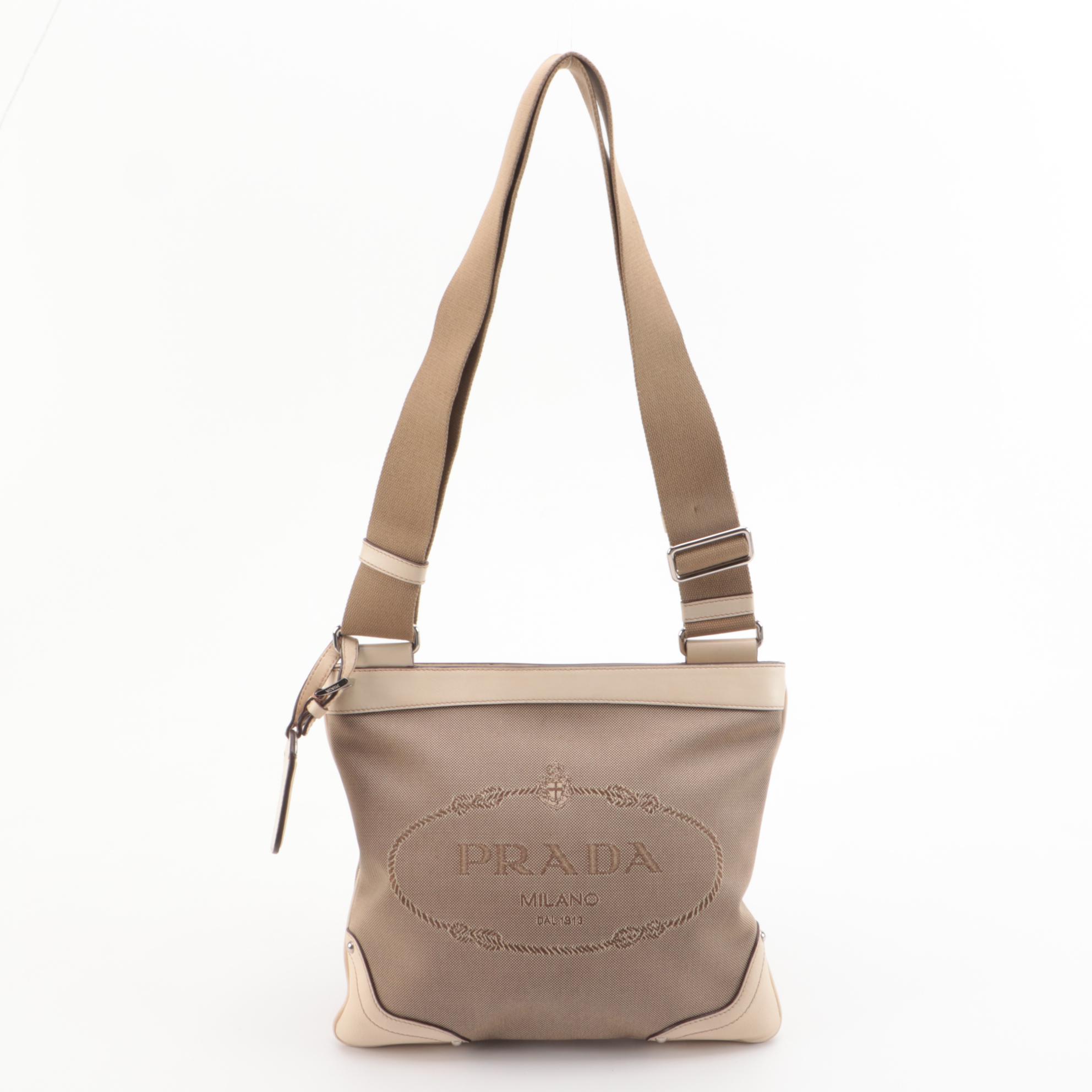 Prada Canapa Canvas and Beige Leather Shoulder Bag